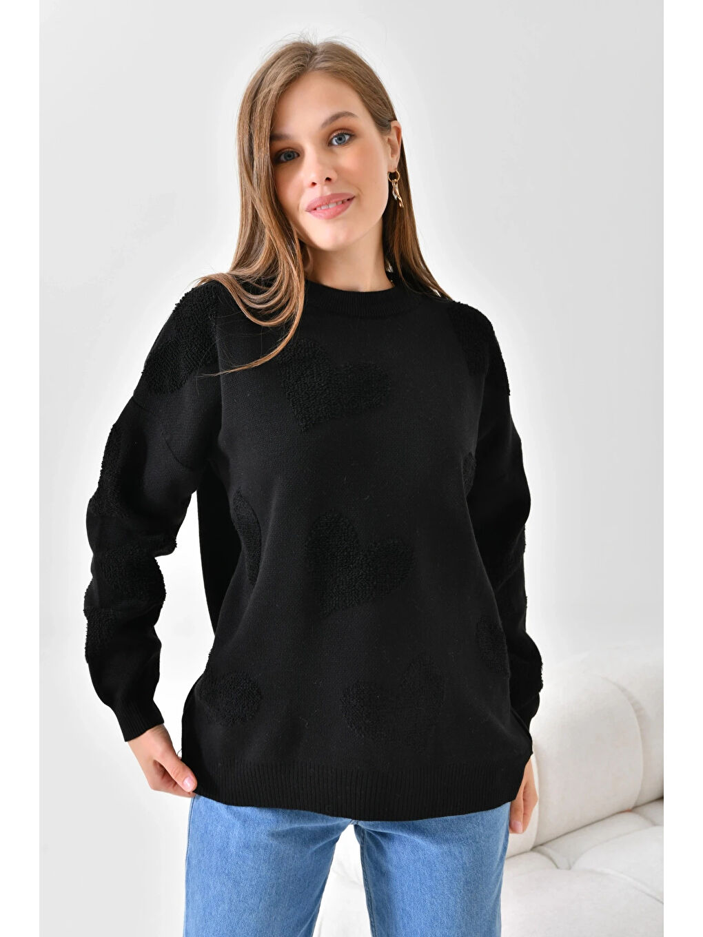 Siyah Kadın Kalp Desenli İnce Oversize Pembe Triko Kazak-1