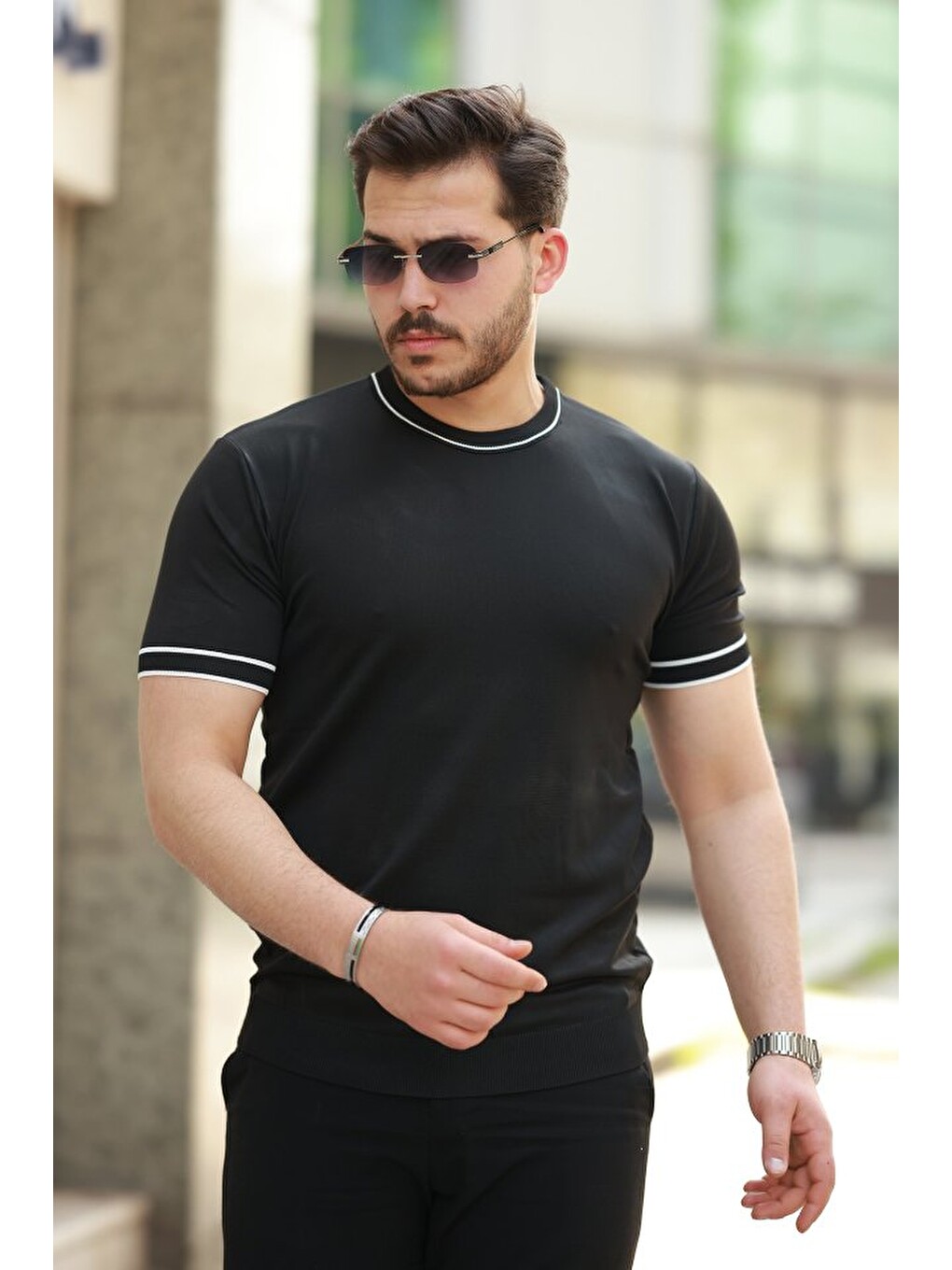 Siyah Erkek Bisiklet Yaka Ribanalı Kısa Kollu Tshirt-2