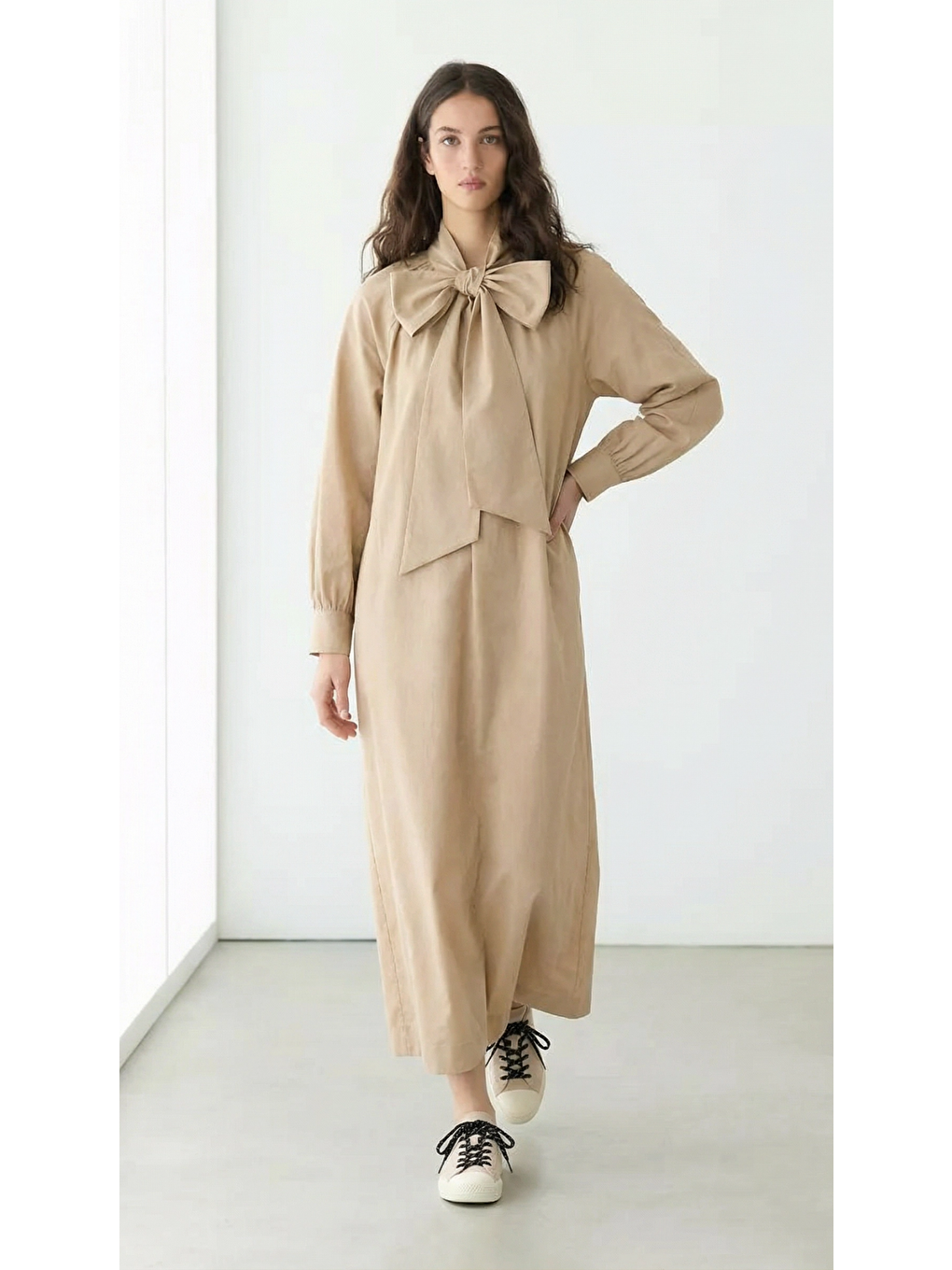 Kahverengi FLORA | Fiyonk Detaylı Maksi Tasarım Elbise Camel-1