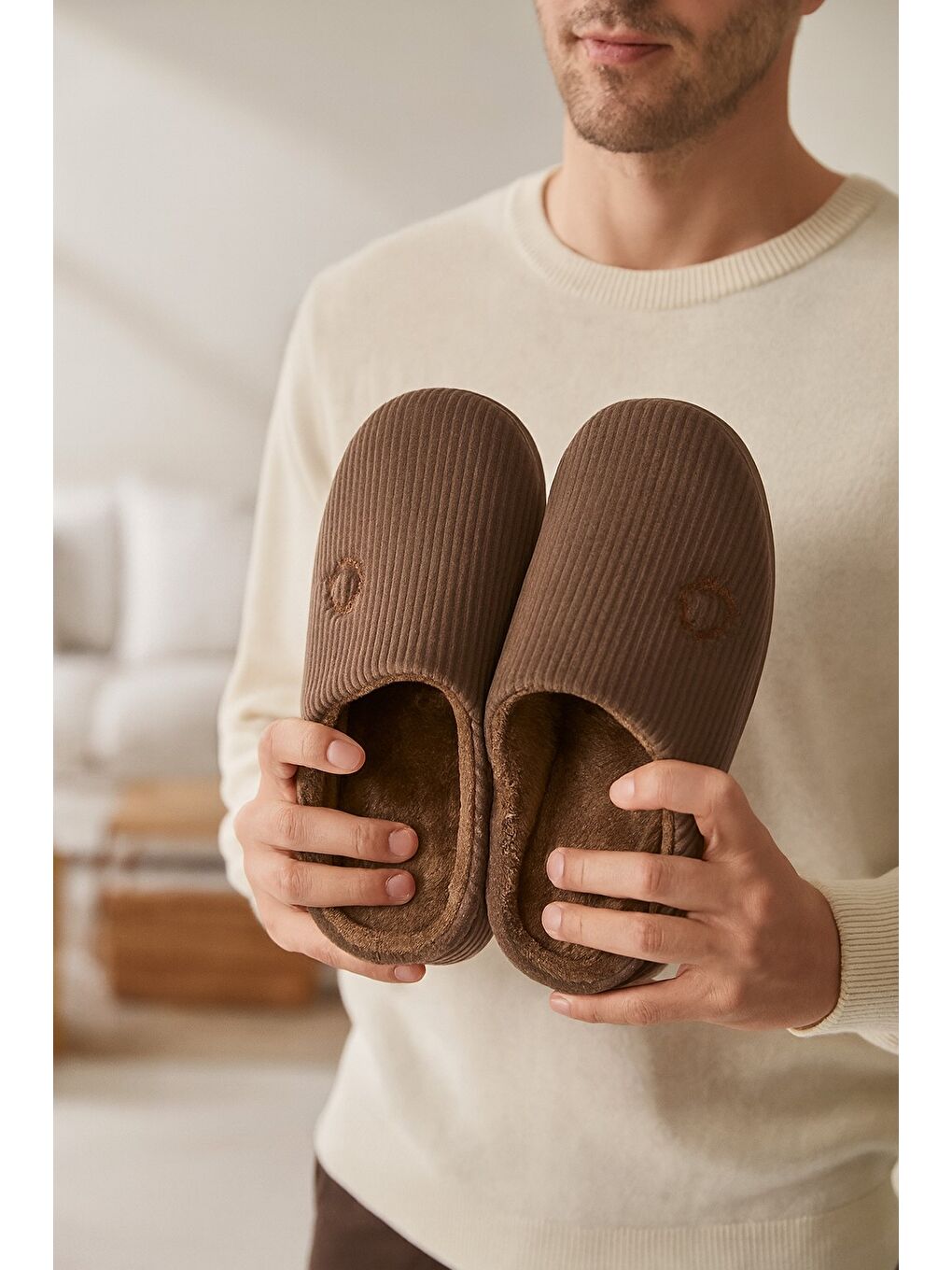 Kahverengi VELVET Erkek Ev Terliği Ses Yapmayan Taban Yünlü Terlik-2