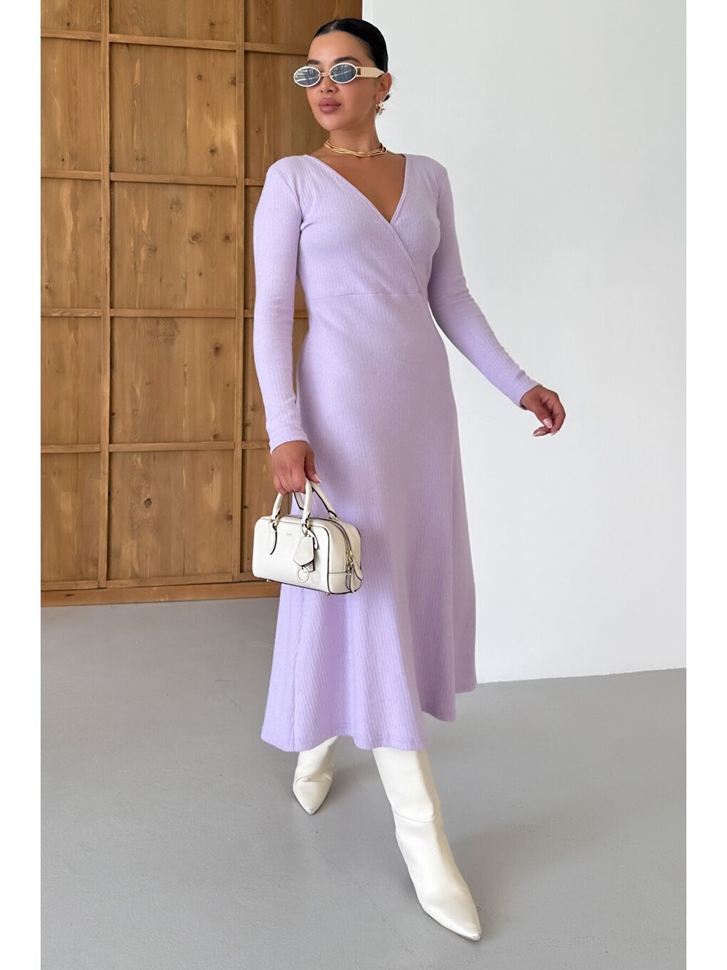 Mor Kadın Eflatun Kruvaze Yakalı Uzun Kollu Midi Boy İnterlok Elbise-2