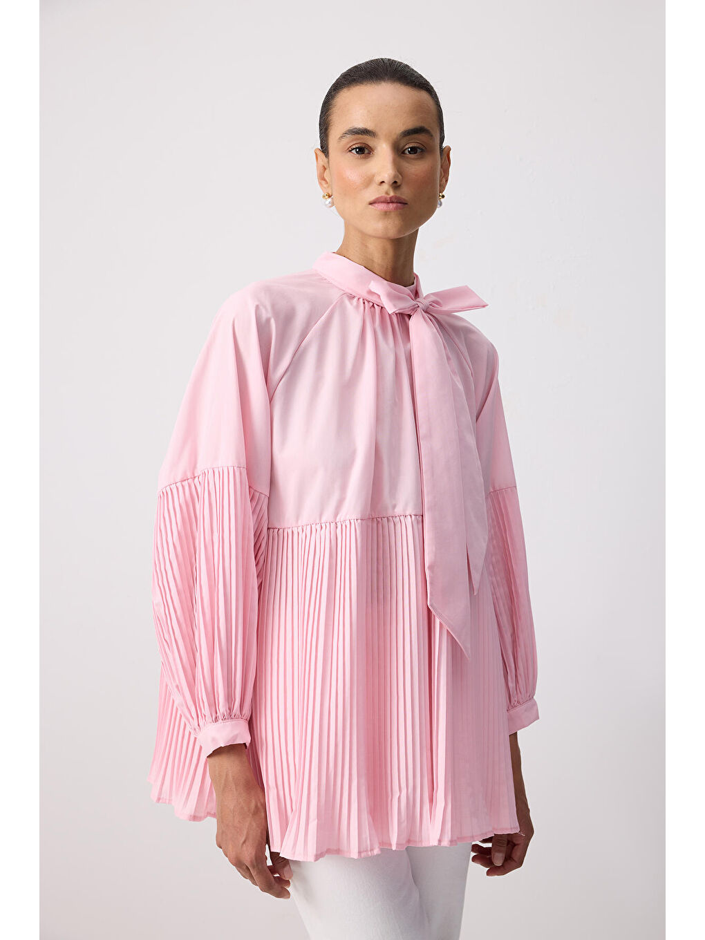 Pembe Yakası Bağlamalı Piliseli Tunik-1
