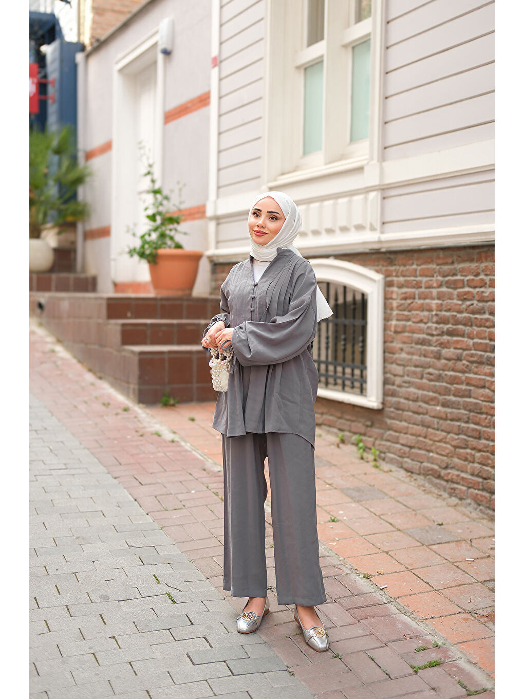 Kadın Süs Dikişli Büzgülü Takım Antrasit-2