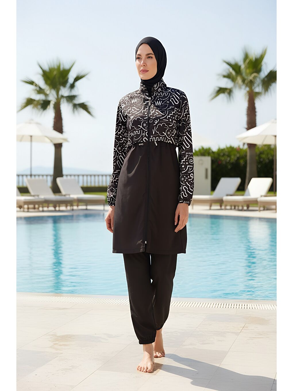 Siyah Hızlı Kuruyan Paraşüt Kumaş Büyük Beden Tam Kapalı Tesettür Mayo 22110-1