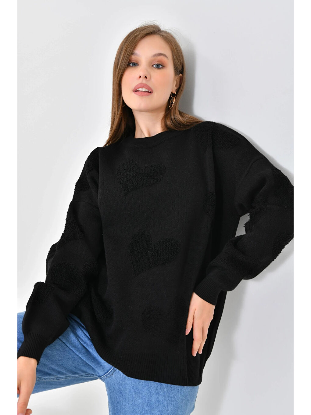 Siyah Kadın Kalp Desenli İnce Oversize Pembe Triko Kazak-2