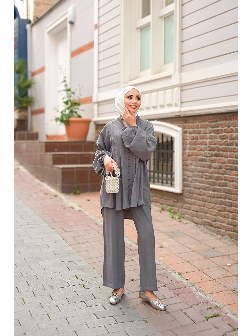 Kadın Süs Dikişli Büzgülü Takım Antrasit-3