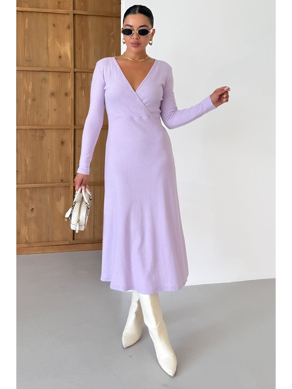 Mor Kadın Eflatun Kruvaze Yakalı Uzun Kollu Midi Boy İnterlok Elbise-3