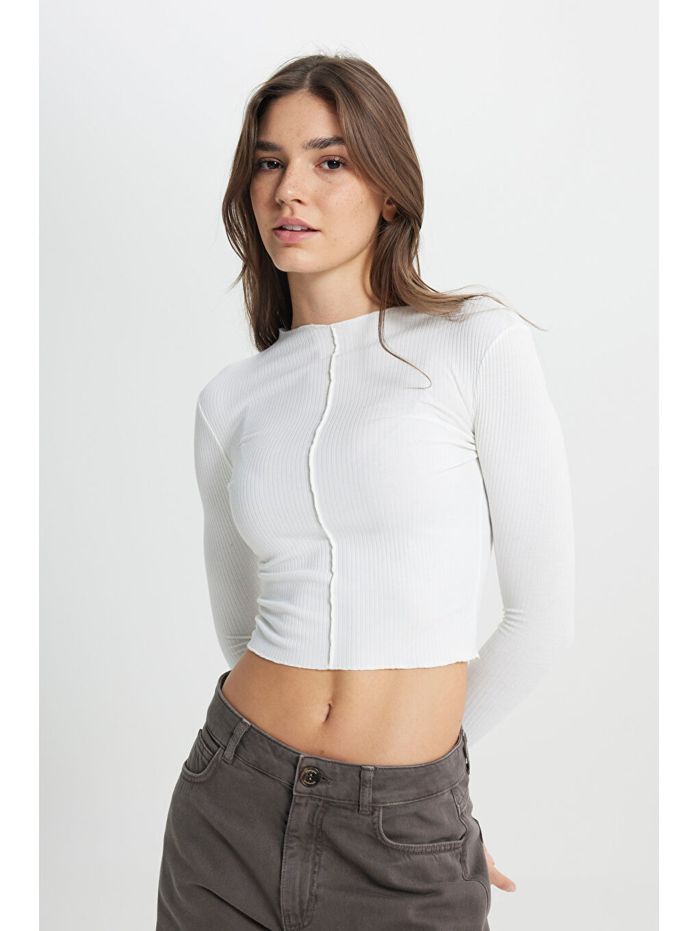 Regular Fit Normal Kesim Bisiklet Yaka Beyaz Uzun Kollu Tişört-2