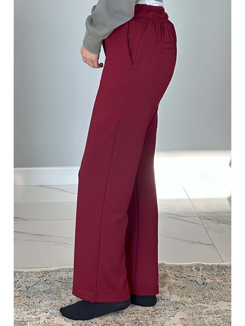 Beli Lastikli Pantolon Görünümlü Bol Paça Kadın Eşofman Altı 8015 Bordo-1