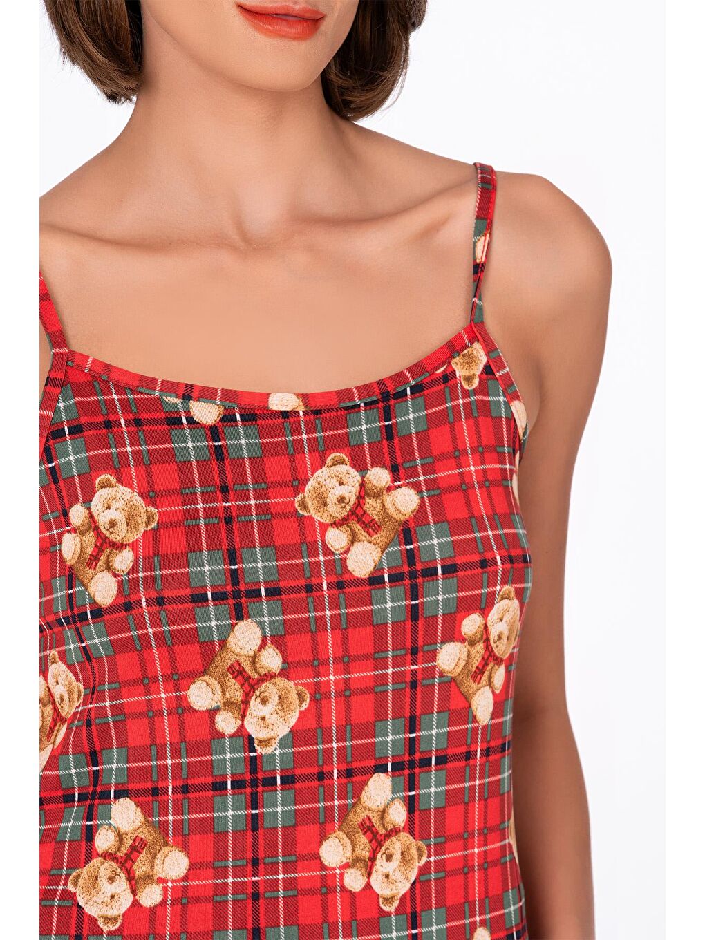 Kırmızı Kadın Ayıcık Desenli İp Askılı Şortlu Pijama Takımı-1