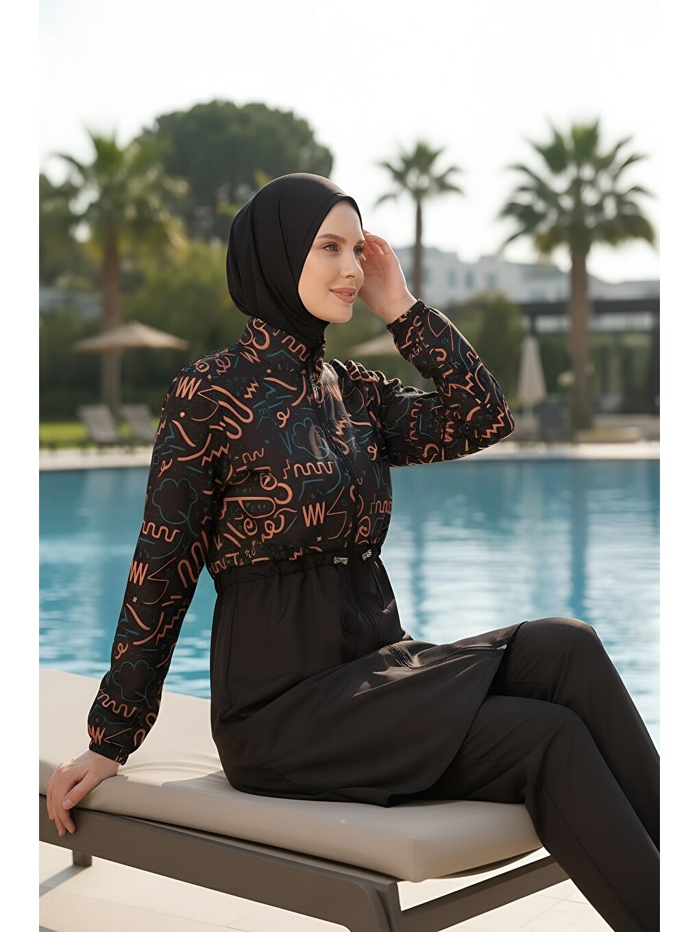 Siyah Hızlı Kuruyan Paraşüt Kumaş Büyük Beden Tam Kapalı Tesettür Mayo 22110-1