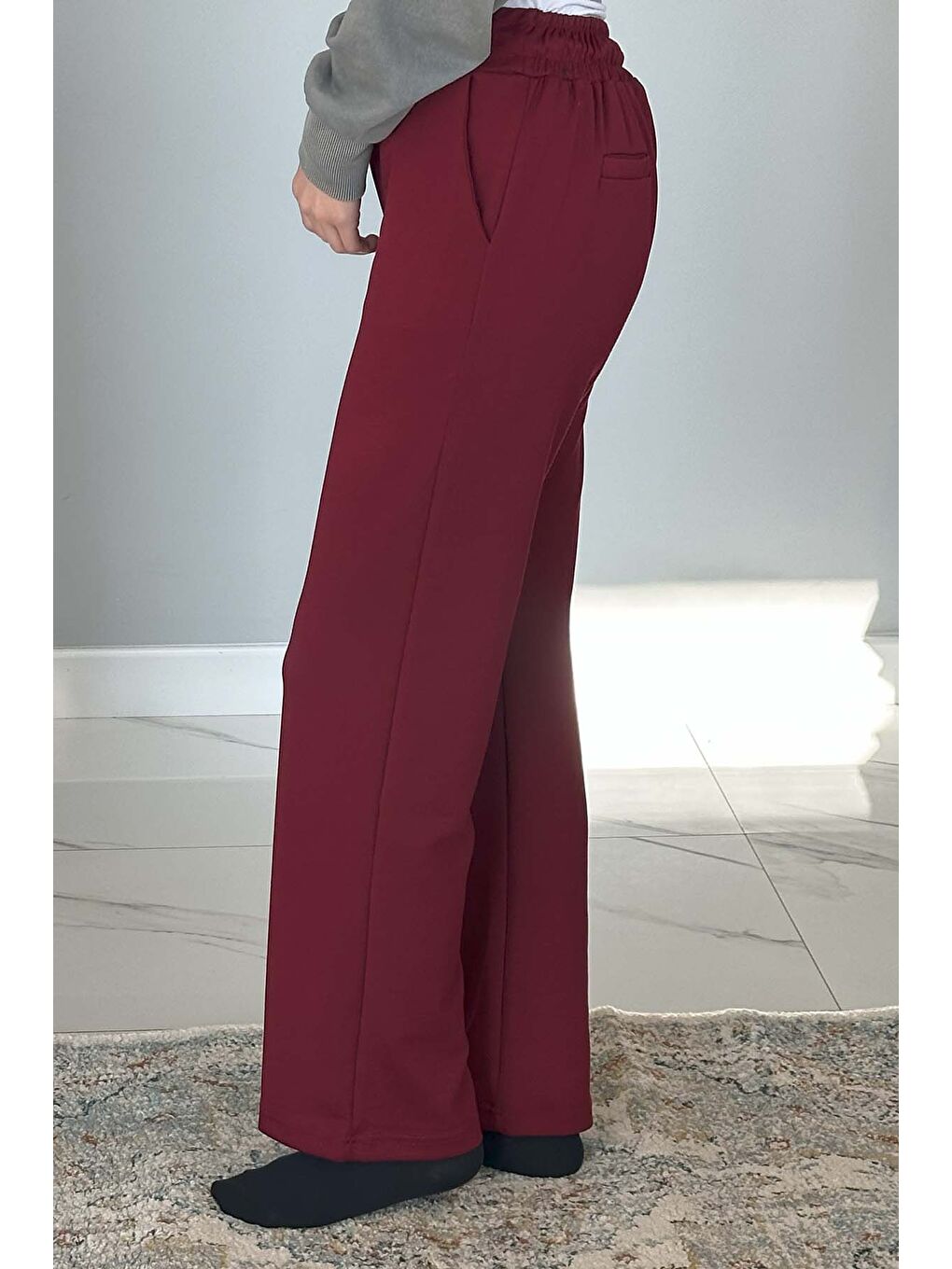 Beli Lastikli Pantolon Görünümlü Bol Paça Kadın Eşofman Altı 8015 Bordo-2