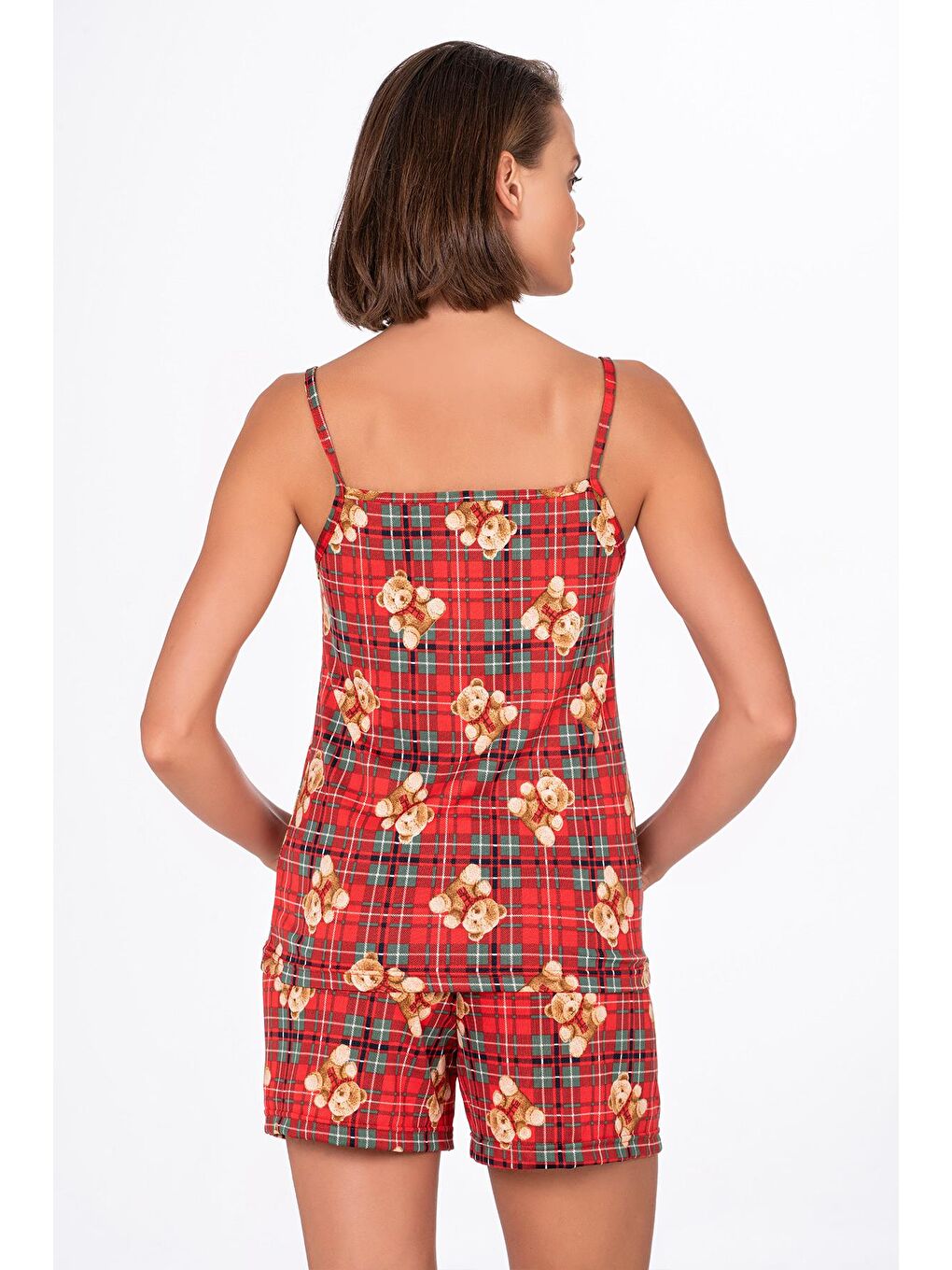 Kırmızı Kadın Ayıcık Desenli İp Askılı Şortlu Pijama Takımı-2