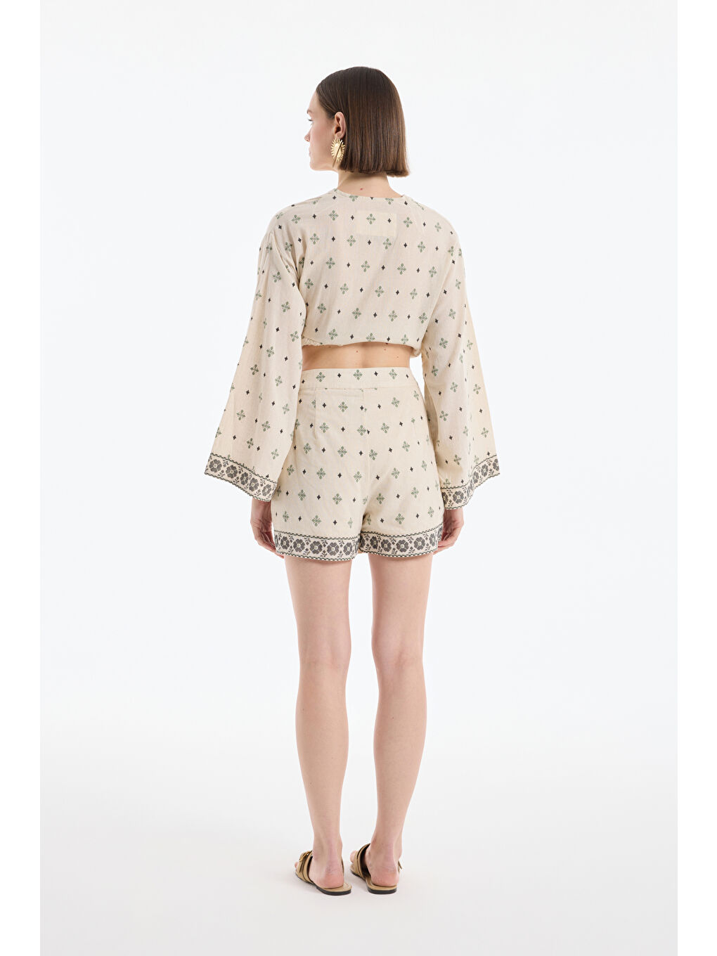 Bej Etnik Desenli Bordürlü Mini Keten Şort Etek Naturel-4