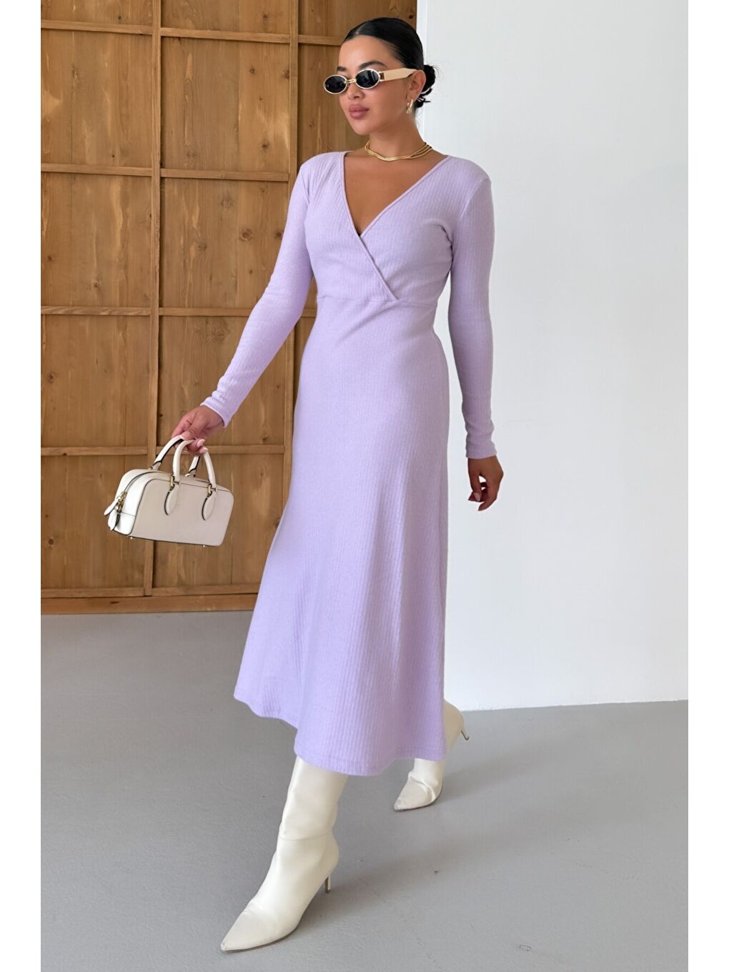 Mor Kadın Eflatun Kruvaze Yakalı Uzun Kollu Midi Boy İnterlok Elbise-4