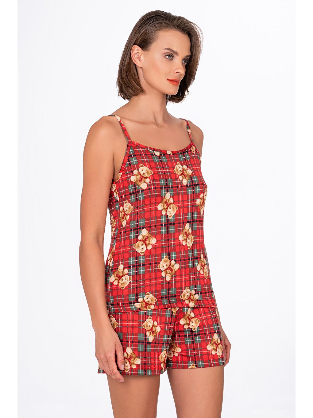 Kırmızı Kadın Ayıcık Desenli İp Askılı Şortlu Pijama Takımı-3