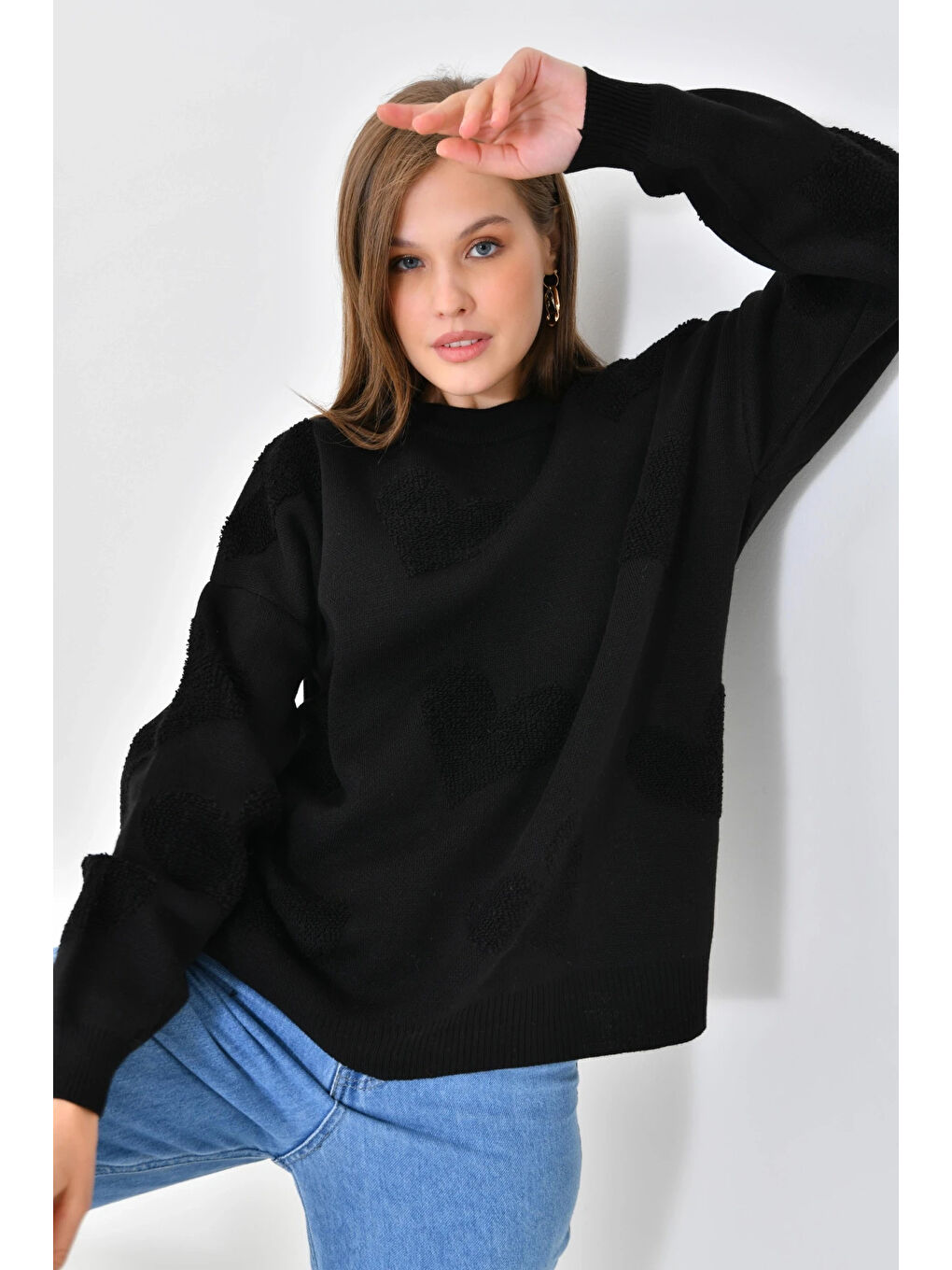 Siyah Kadın Kalp Desenli İnce Oversize Pembe Triko Kazak-4