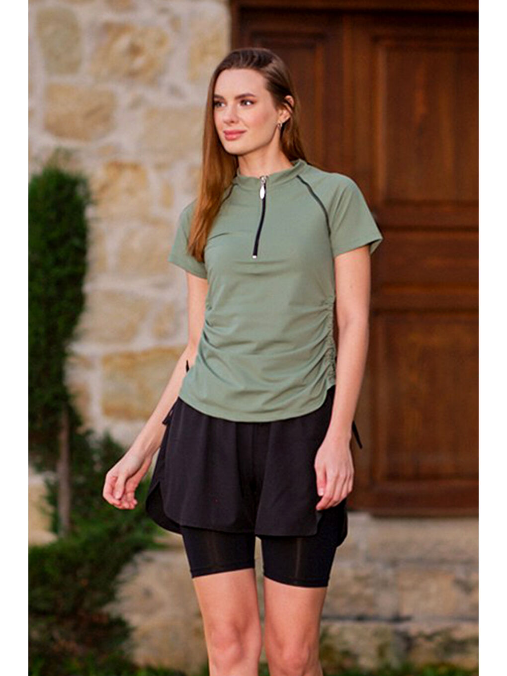 Kısa Kol Yarım Fermuarlı Şortlu Taytlı Yarı Kapalı Mayo 24156 Haki Yeşil