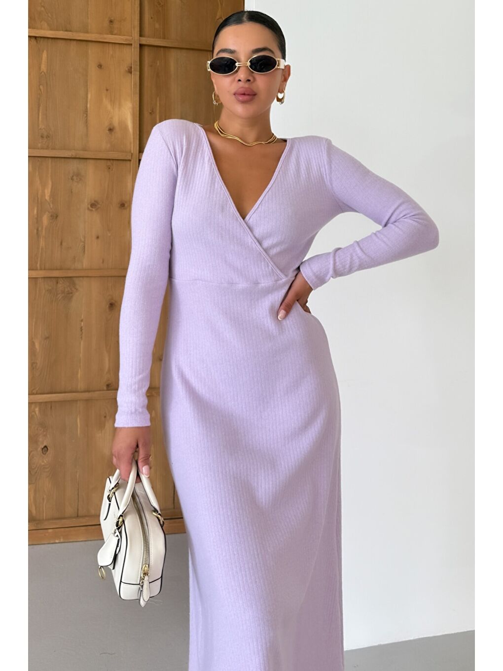 Mor Kadın Eflatun Kruvaze Yakalı Uzun Kollu Midi Boy İnterlok Elbise-5