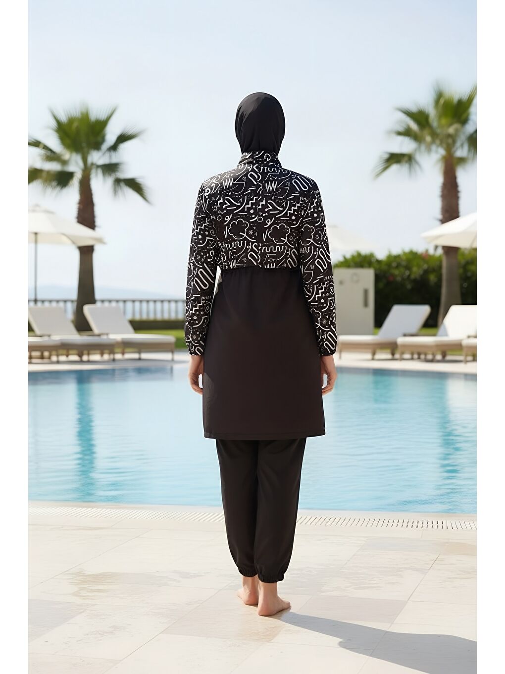 Siyah Hızlı Kuruyan Paraşüt Kumaş Büyük Beden Tam Kapalı Tesettür Mayo 22110-4