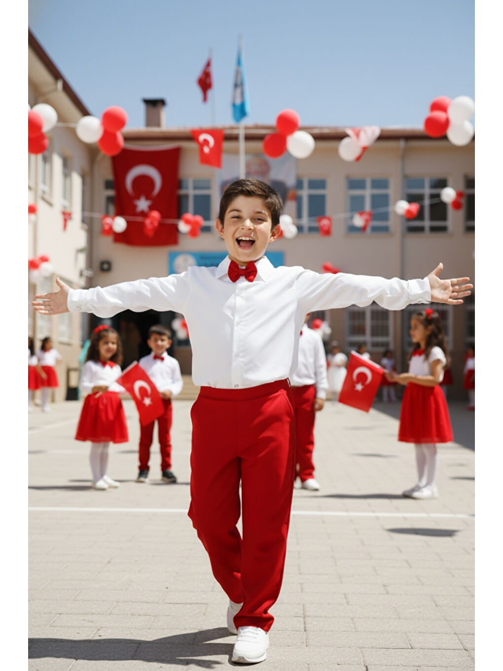 Beyaz Erkek Çocuk Milano Papyonlu Kırmızı Takım 23 Nisan 29 Ekim 10 Kasım 19 Mayıs Gösteri Kıyafetleri-9