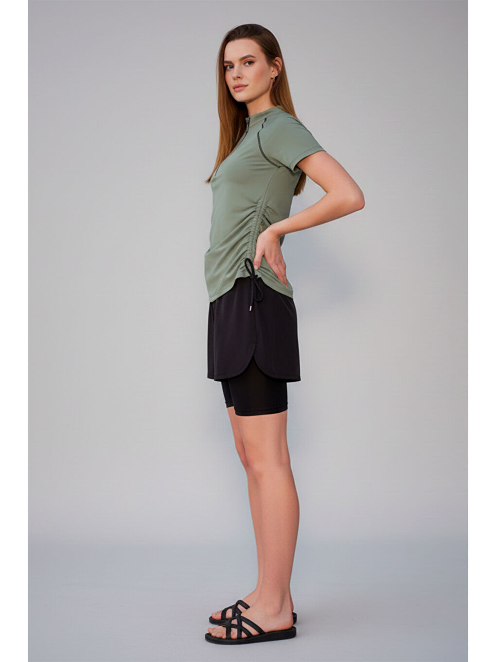 Kısa Kol Yarım Fermuarlı Şortlu Taytlı Yarı Kapalı Mayo 24156 Haki Yeşil-1