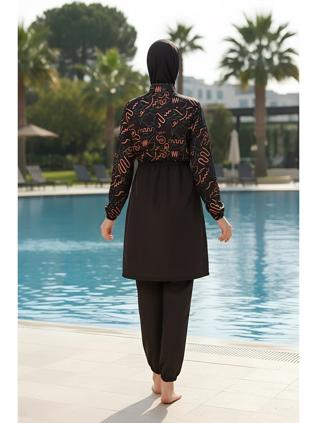 Siyah Hızlı Kuruyan Paraşüt Kumaş Büyük Beden Tam Kapalı Tesettür Mayo 22110-3