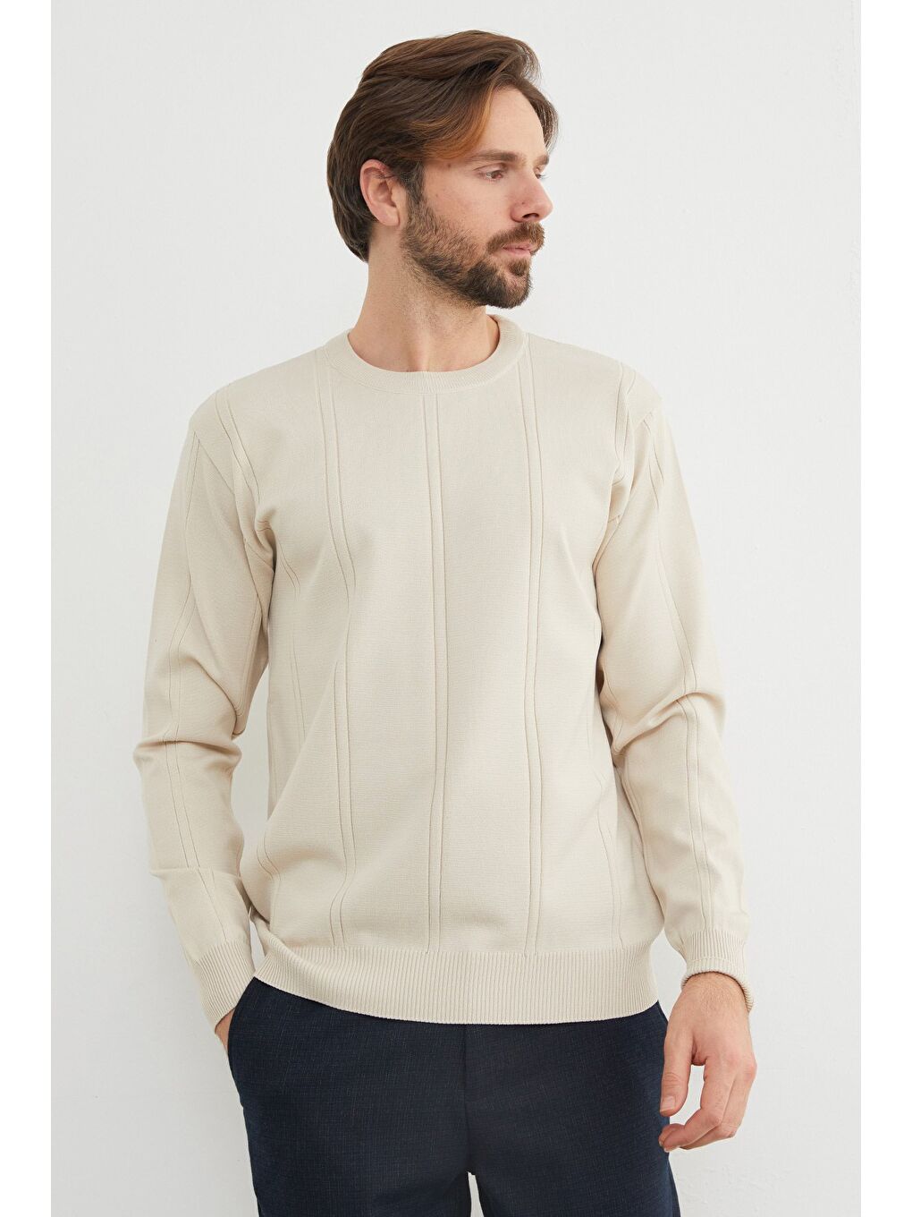 Bej Şeritli Bisiklet Yaka Triko Kazak