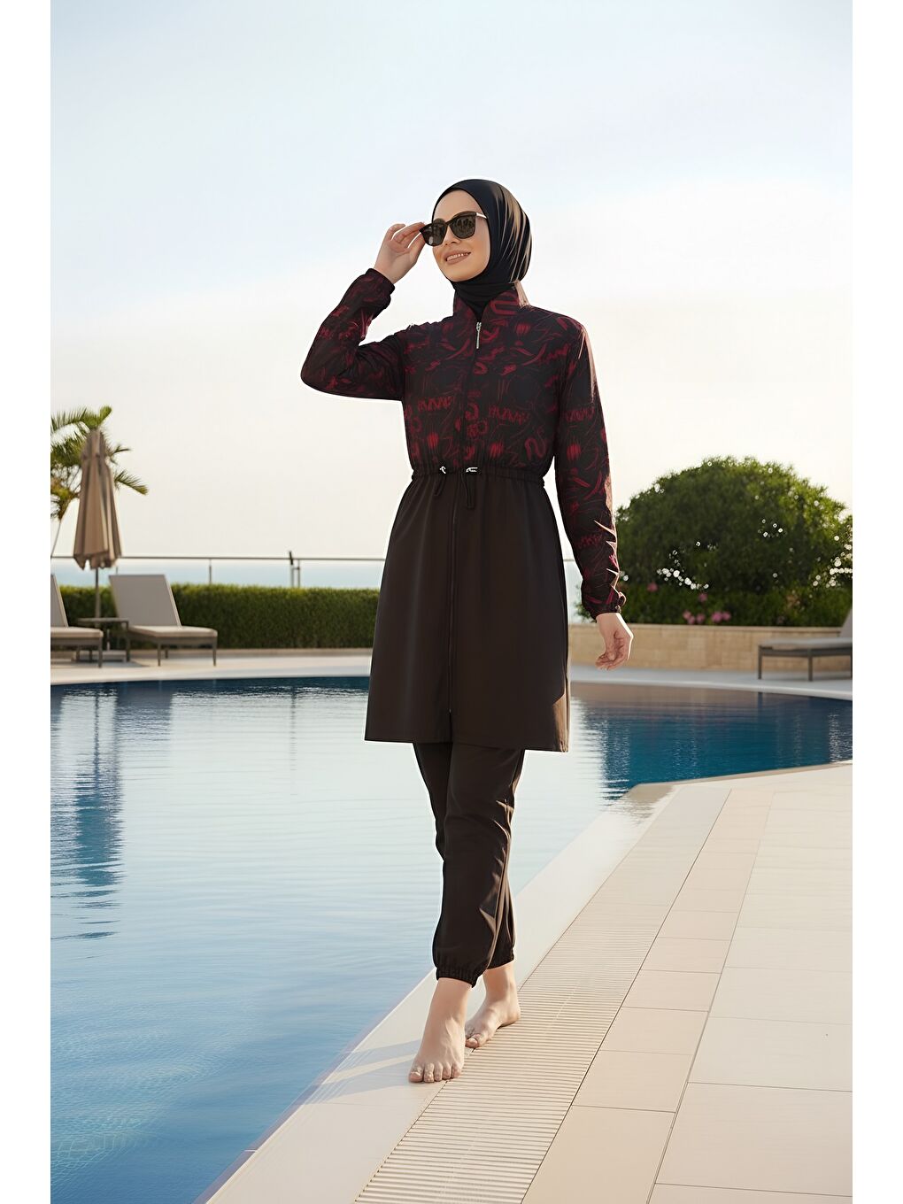 Siyah Hızlı Kuruyan Paraşüt Kumaş Büyük Beden Tam Kapalı Tesettür Mayo 22110-1