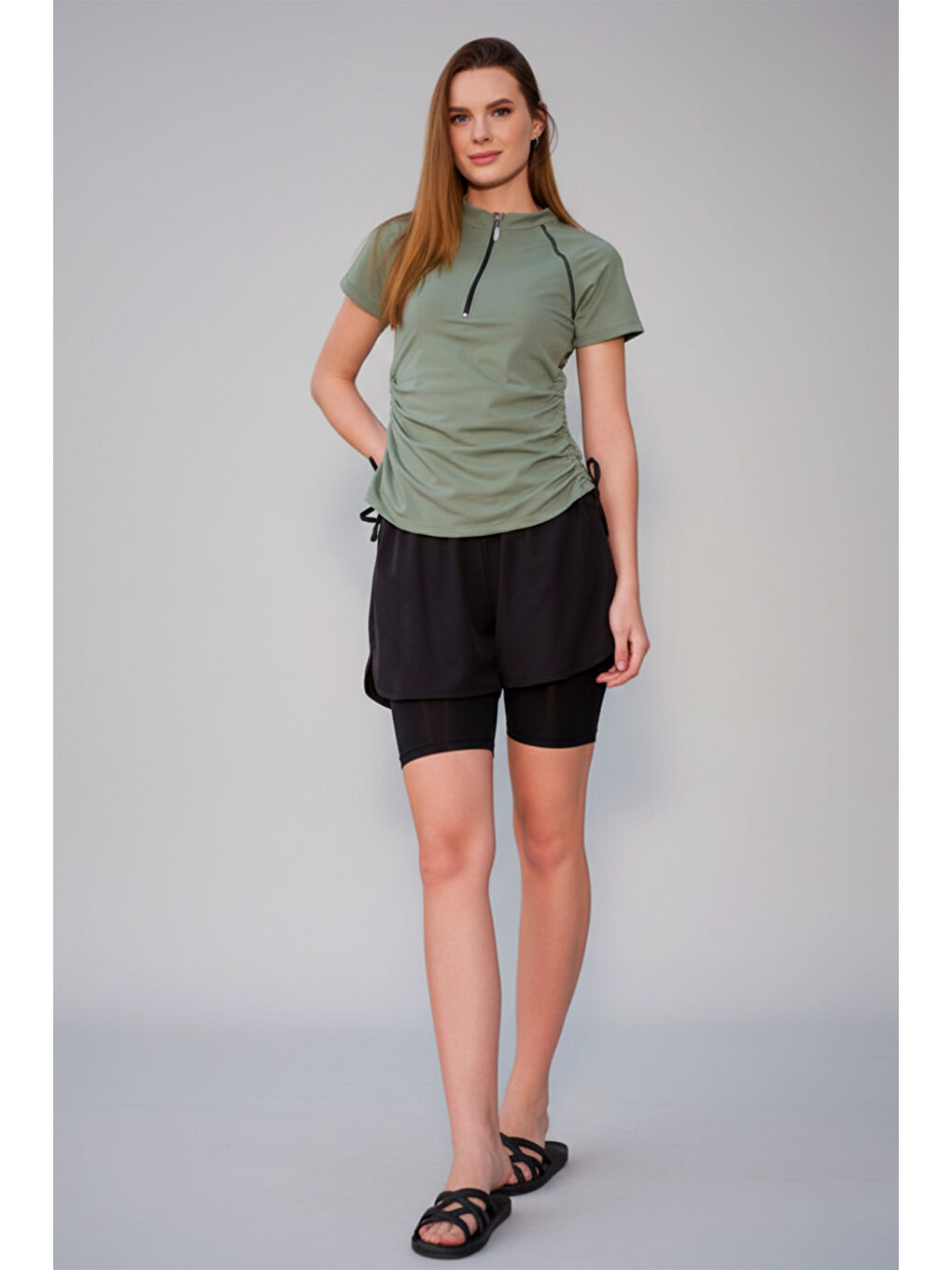Kısa Kol Yarım Fermuarlı Şortlu Taytlı Yarı Kapalı Mayo 24156 Haki Yeşil-2