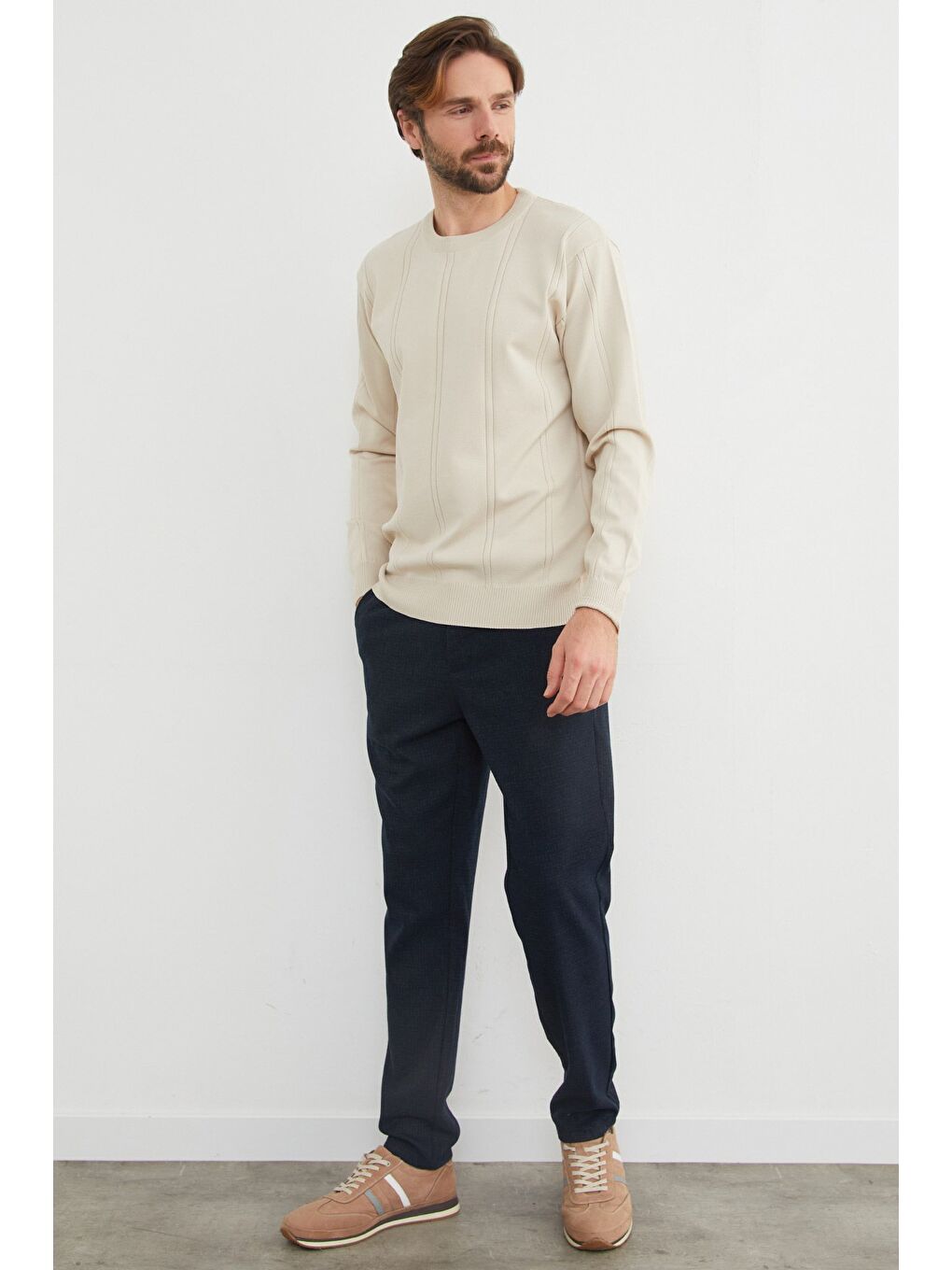 Bej Şeritli Bisiklet Yaka Triko Kazak-1