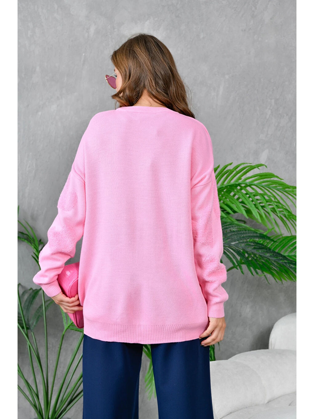 Kadın Kalp Desenli İnce Oversize Pembe Triko Kazak-3