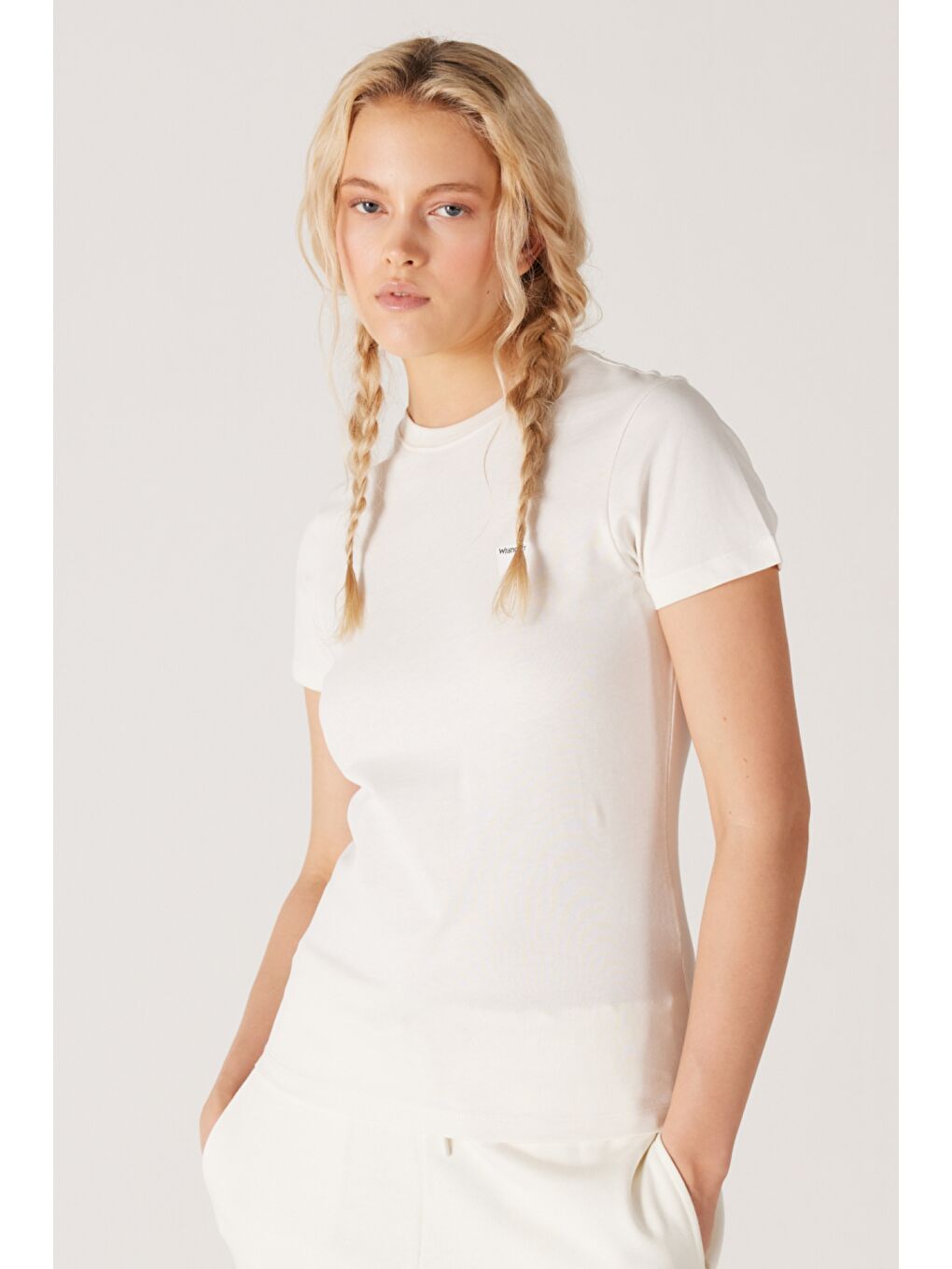 Slim Fit Dar Kesim %100 Pamuk Bisiklet Kırık Beyaz Tişört-1