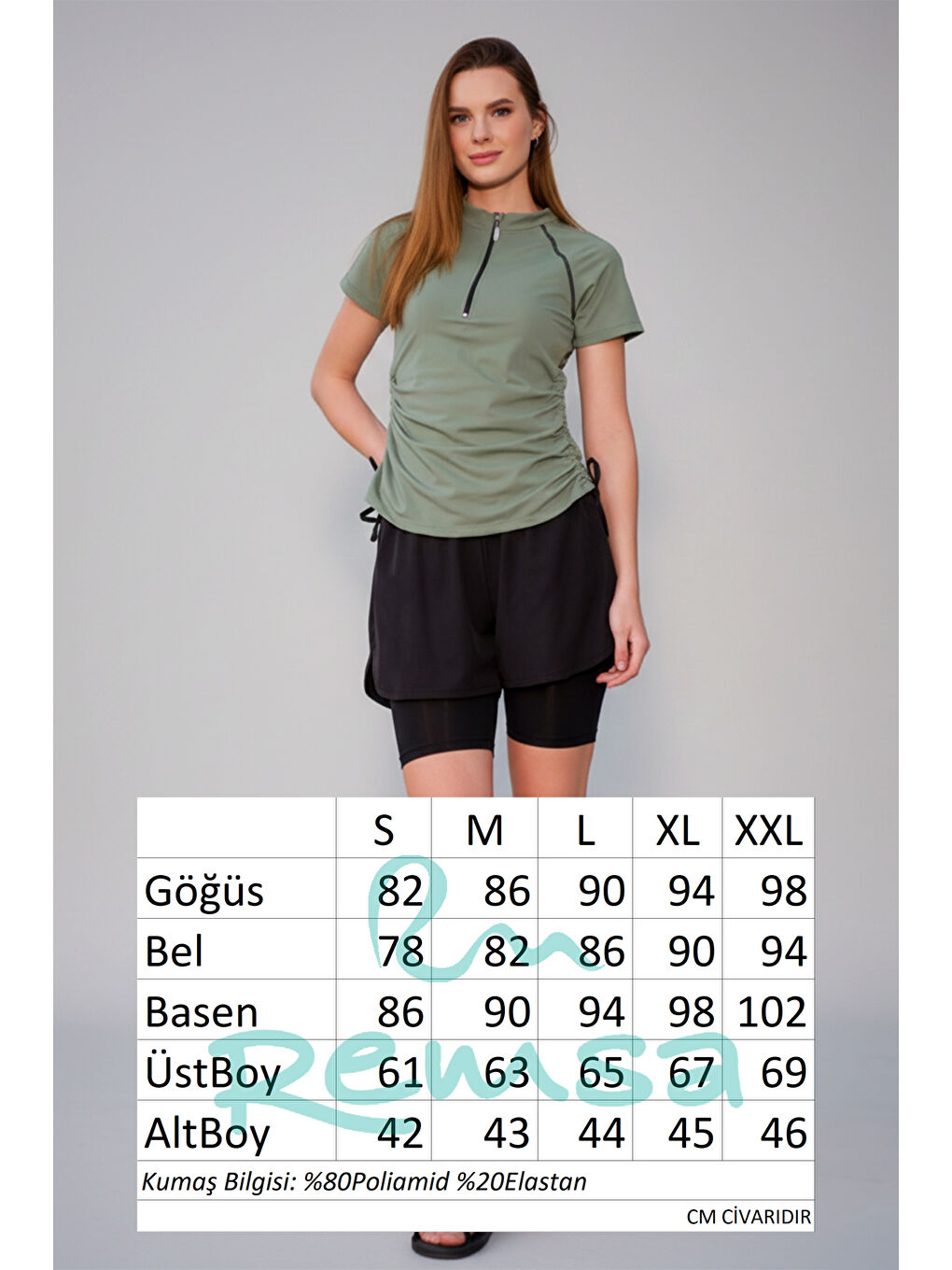 Kısa Kol Yarım Fermuarlı Şortlu Taytlı Yarı Kapalı Mayo 24156 Haki Yeşil-3