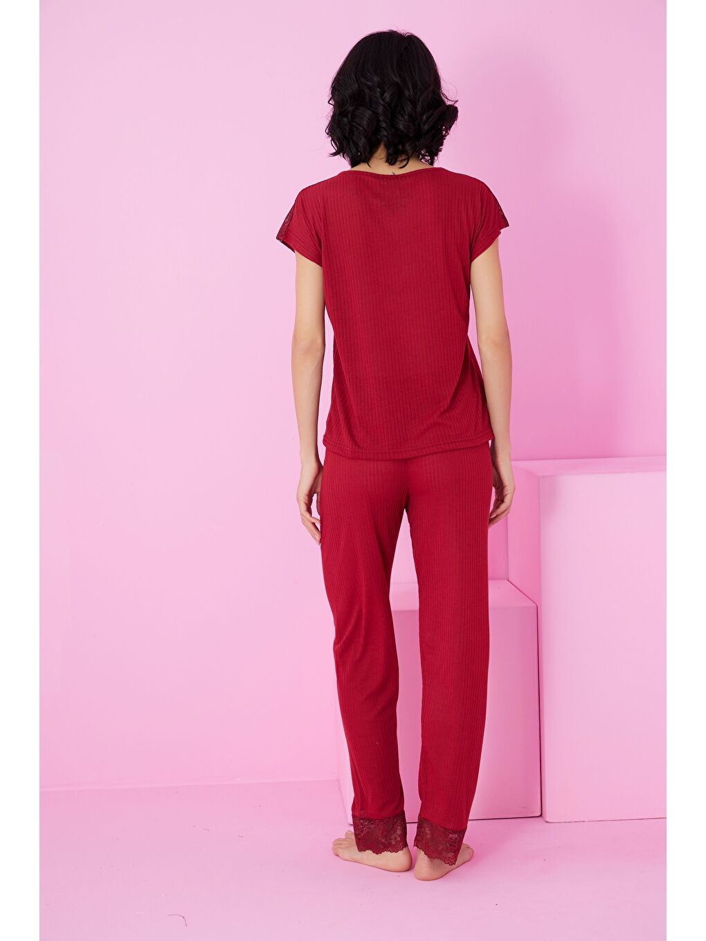 Bordo Soft Touch İnce Mevsimlik Dantel Detaylı Örme Pijama Takım7864-2
