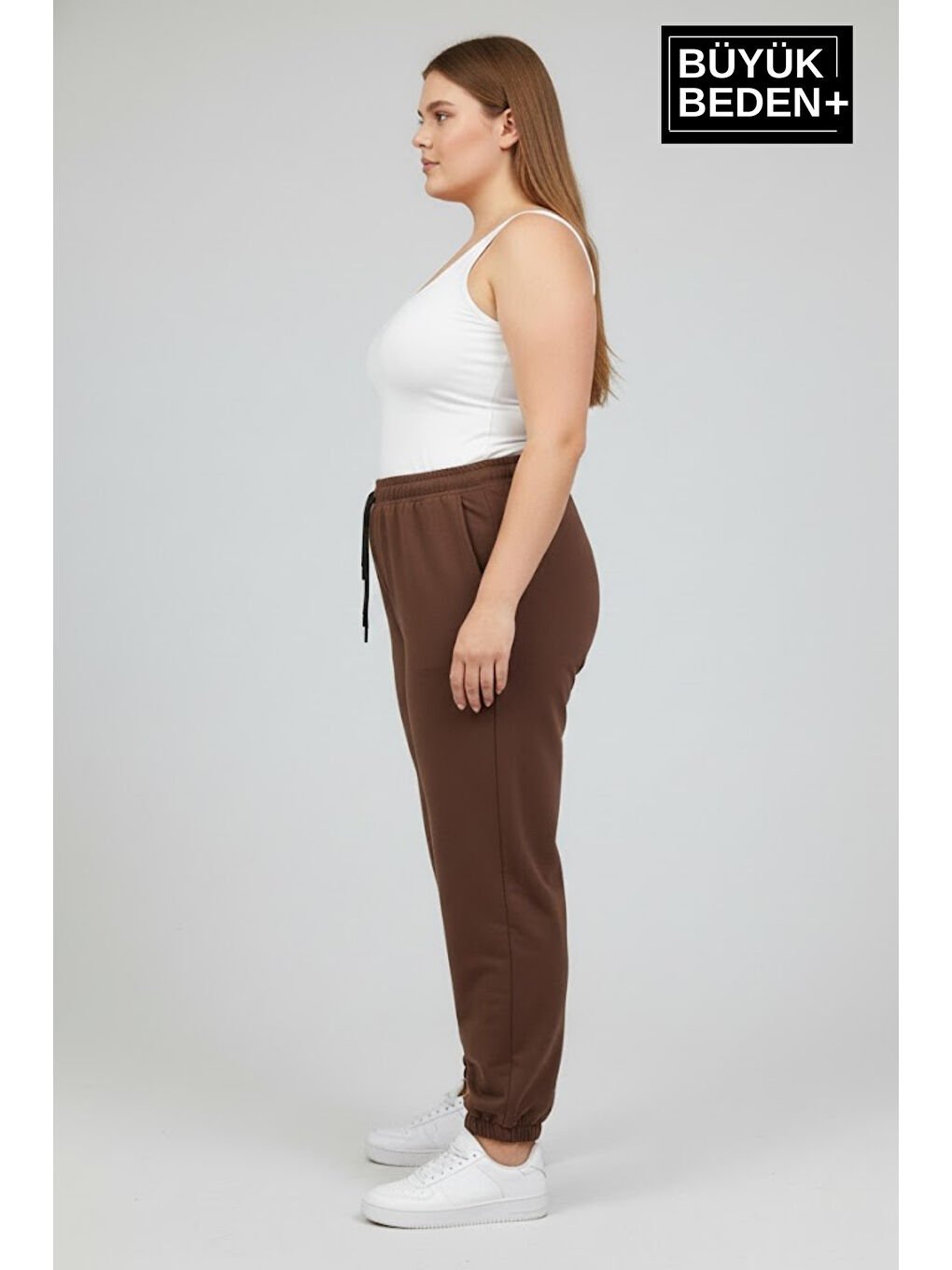 Kahverengi Kadın Büyük Beden Paça Lastikli İki İplik Rahat Kalıp ince Eşofman Altı SPR26BEAK951-1