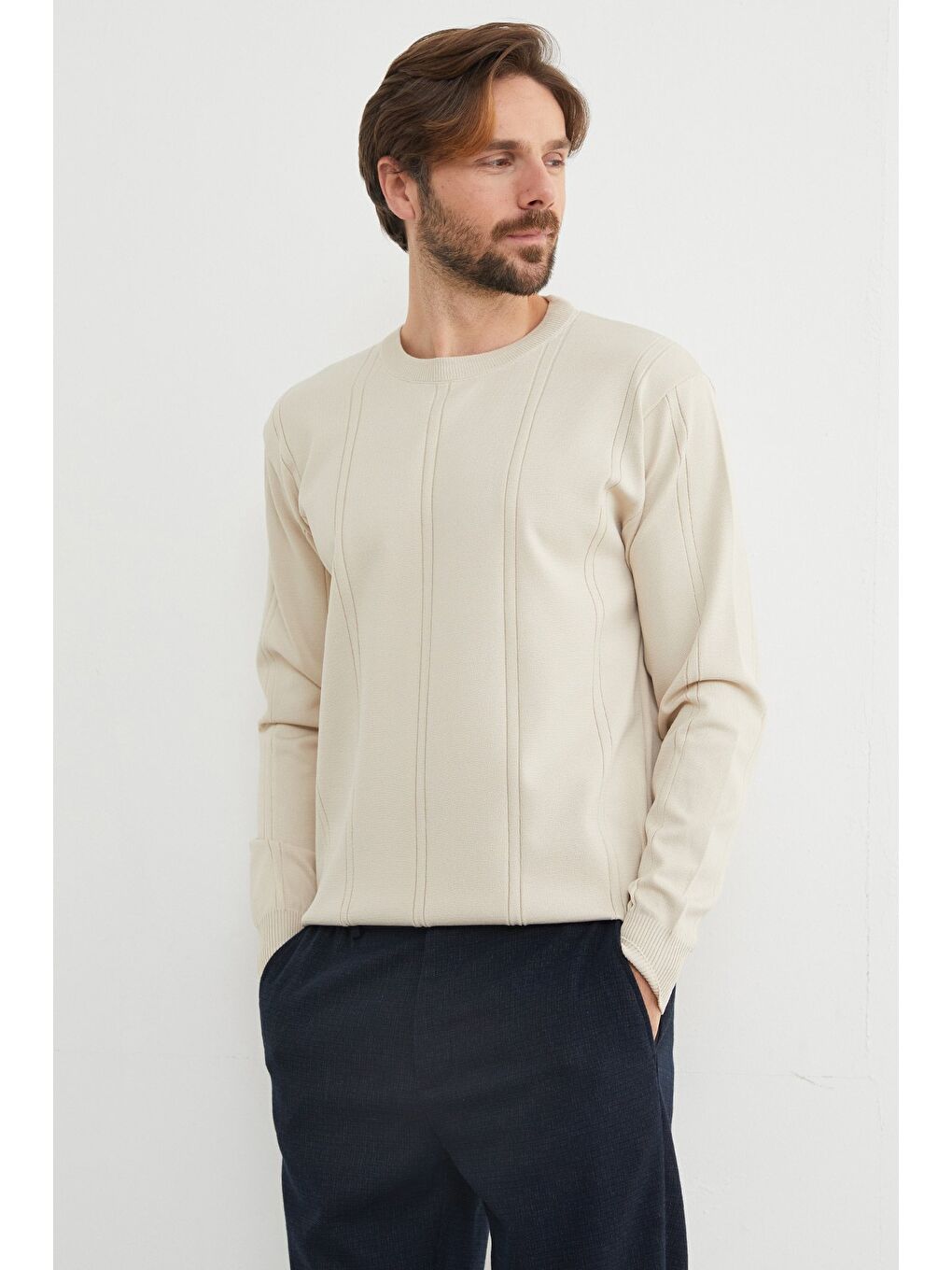 Bej Şeritli Bisiklet Yaka Triko Kazak-2