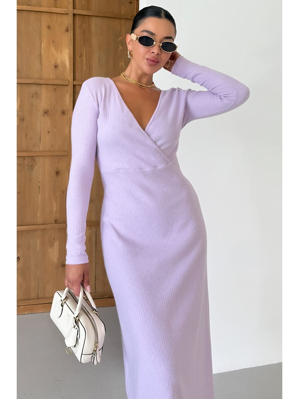 Mor Kadın Eflatun Kruvaze Yakalı Uzun Kollu Midi Boy İnterlok Elbise-6