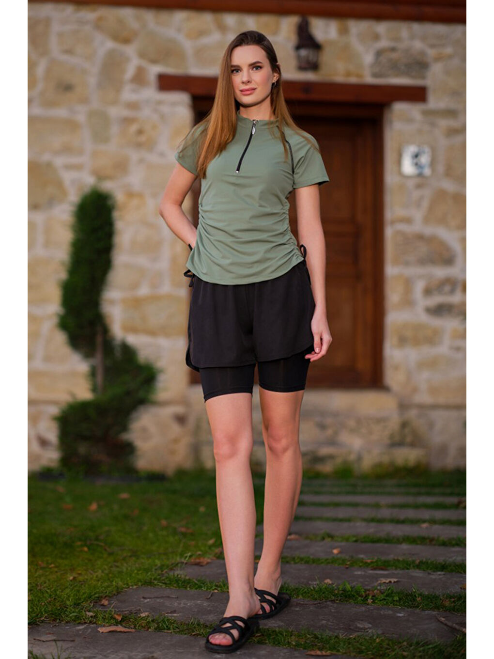 Kısa Kol Yarım Fermuarlı Şortlu Taytlı Yarı Kapalı Mayo 24156 Haki Yeşil-4