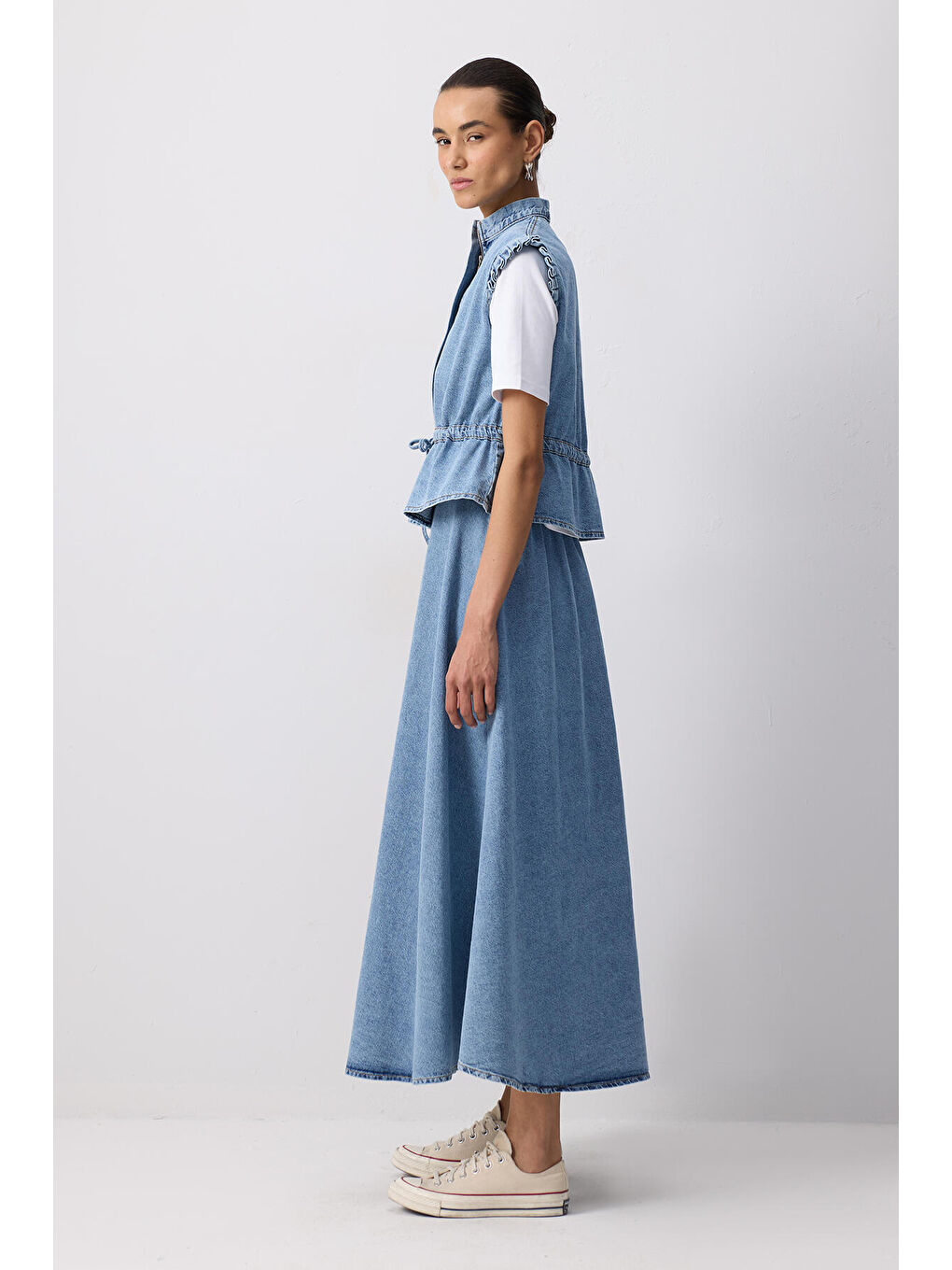 Mavi Beli Bağlamalı Denim Yelek Etek Takım-3