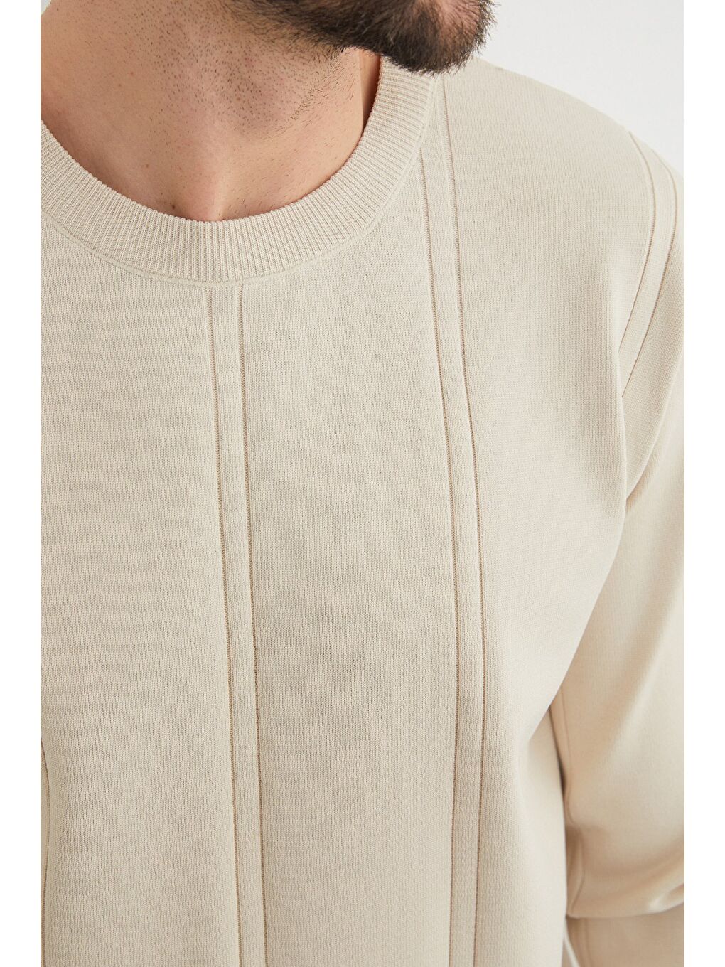 Bej Şeritli Bisiklet Yaka Triko Kazak-3