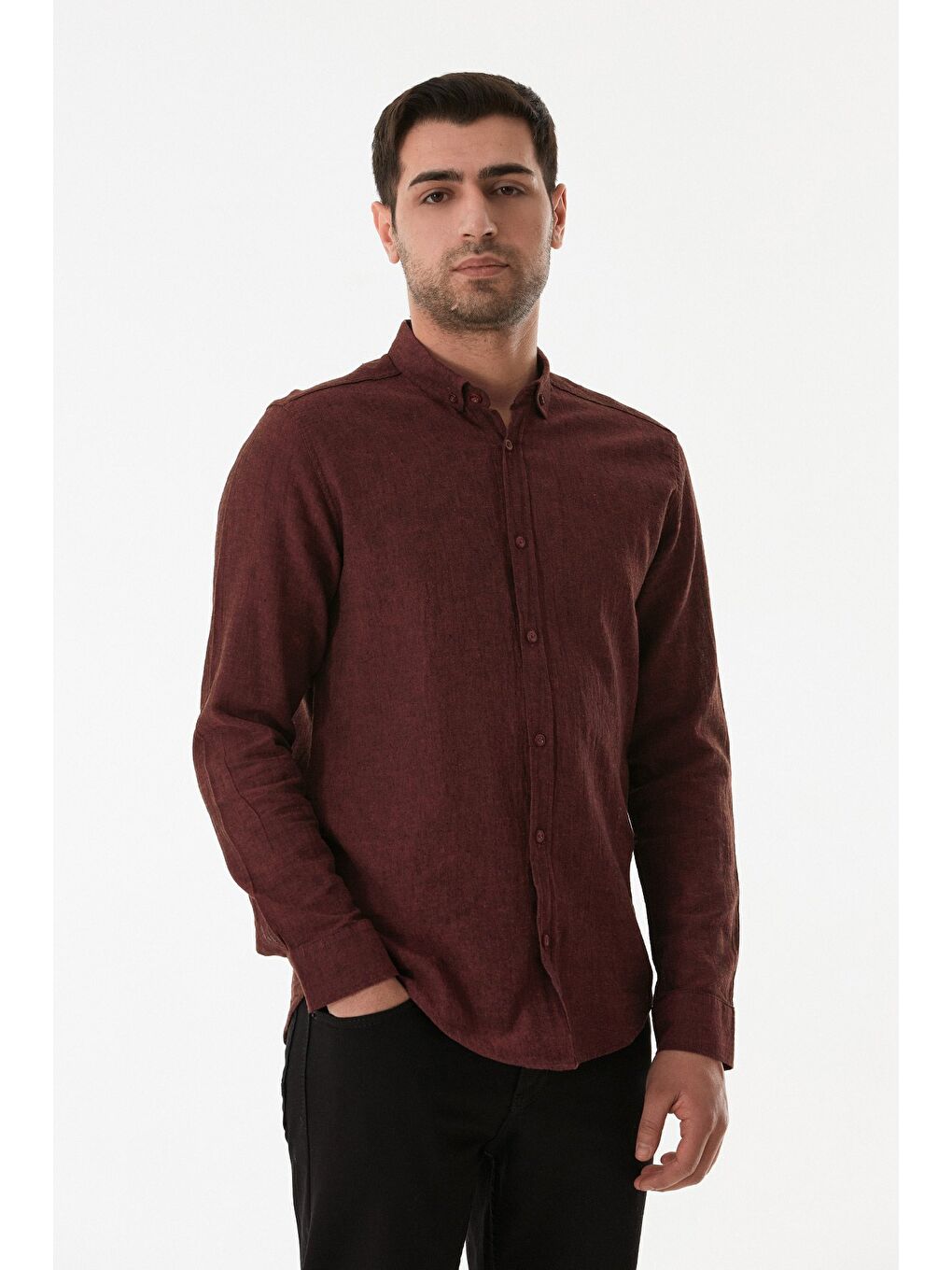 Bordo Basic Düğmeli Keten Gömlek