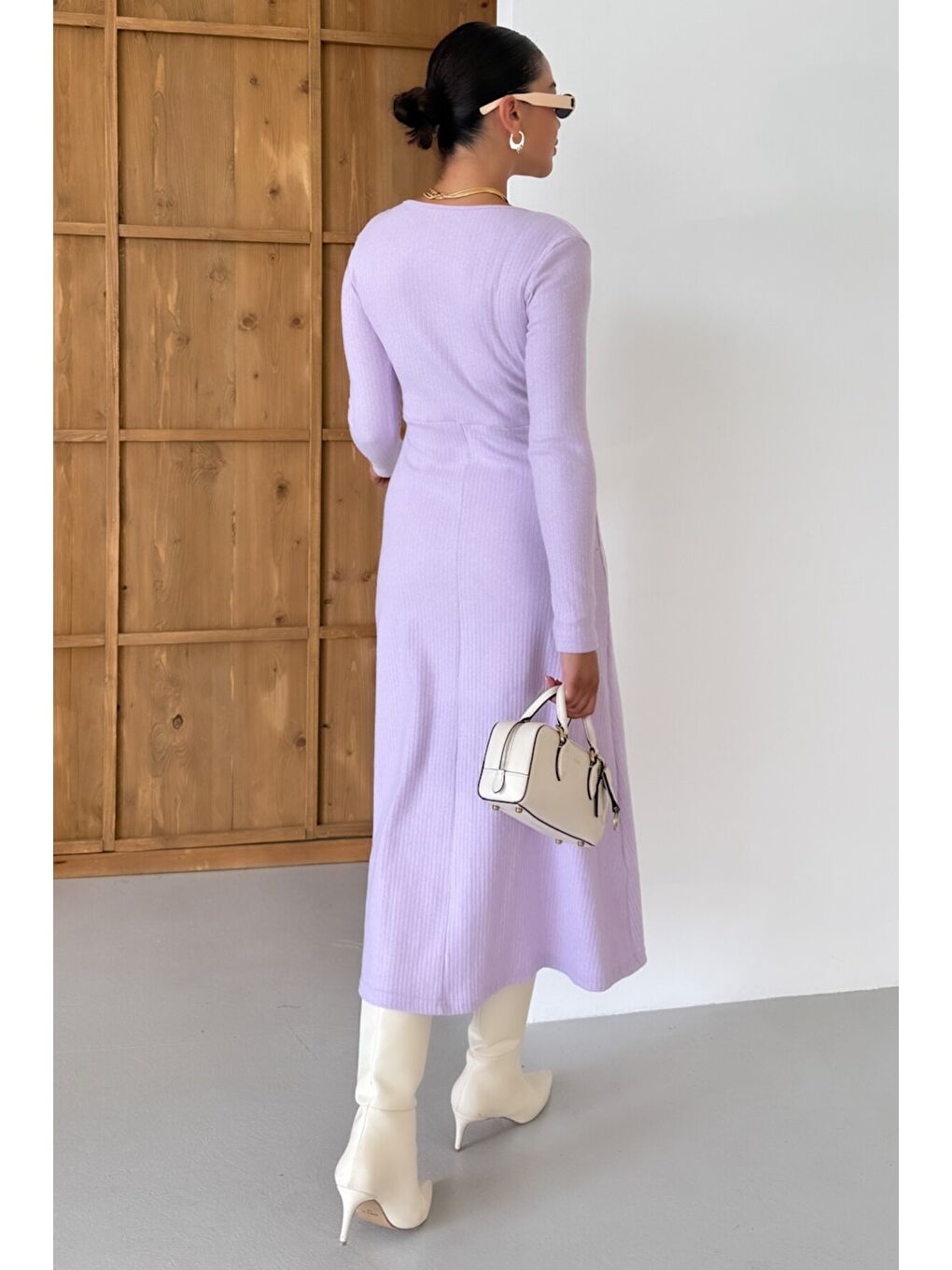 Mor Kadın Eflatun Kruvaze Yakalı Uzun Kollu Midi Boy İnterlok Elbise-7