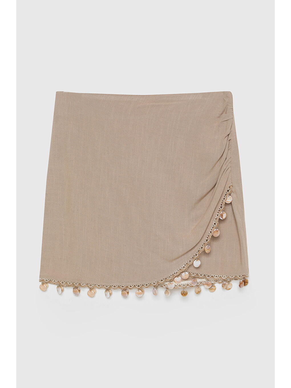 Midye Kabuk Aksesuarlı Keten Mini Etek Koyu Bej-1