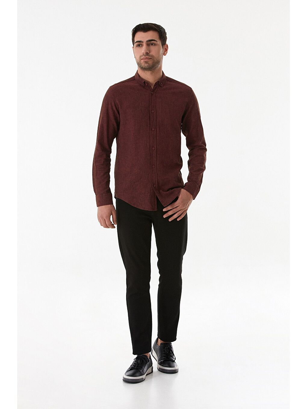 Bordo Basic Düğmeli Keten Gömlek-1