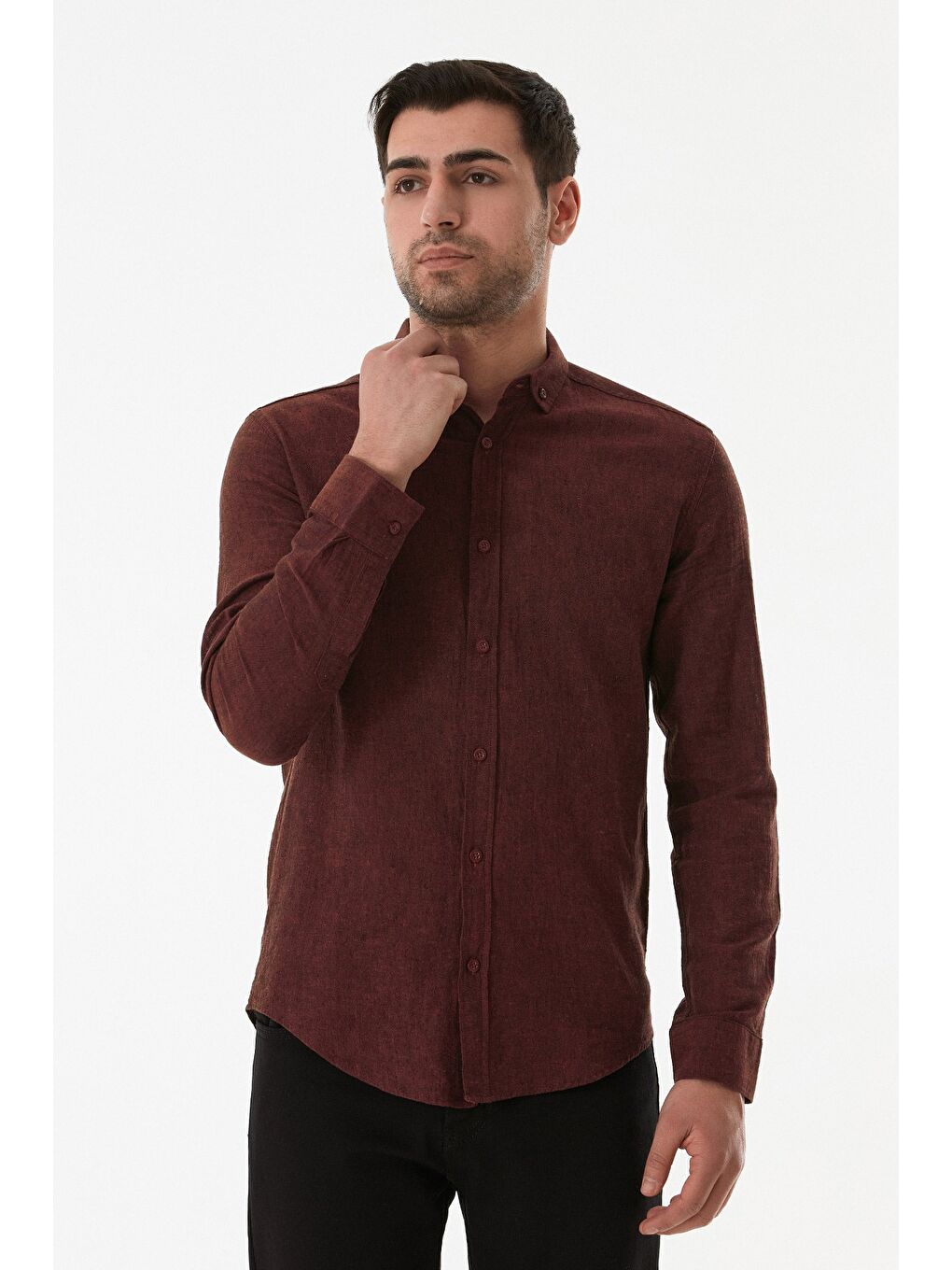 Bordo Basic Düğmeli Keten Gömlek-4