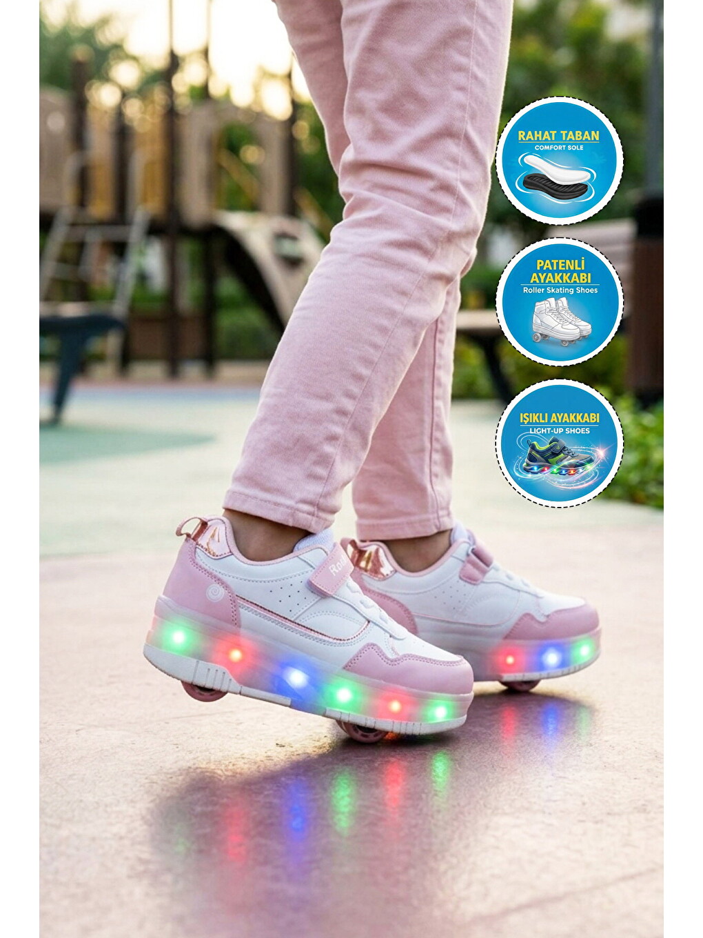 Pembe Pudra-Beyaz Cırtlı Ortopedik Işıklı Kız Çocuk Patenli Spor Ayakkabı Glow F-2