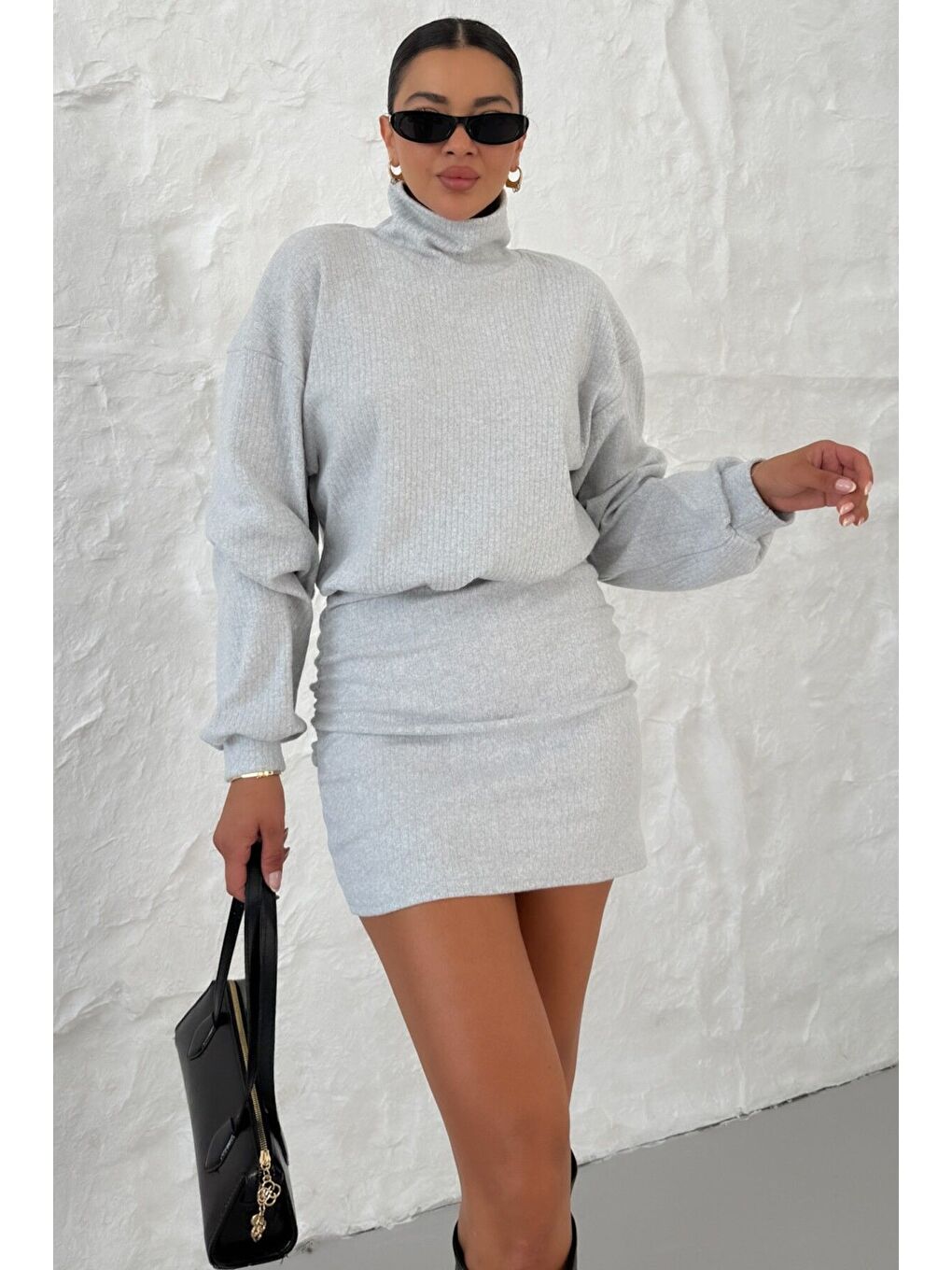 Kadın Gri Boğazlı Bel Lastikli İnterlok Mini Elbise