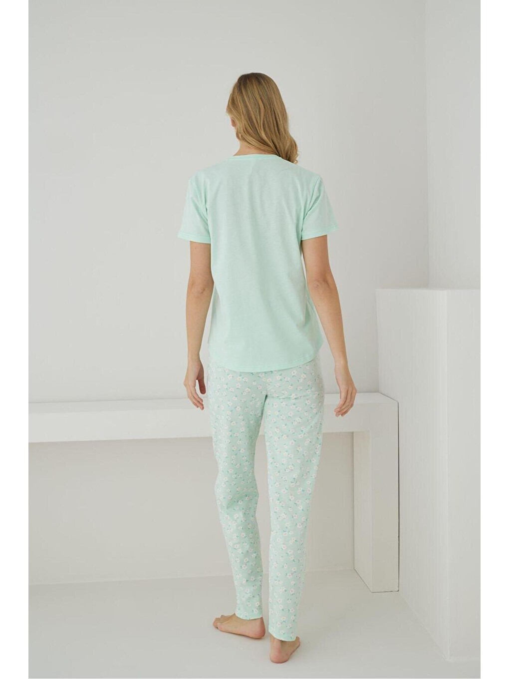 Yeşil Kadın %100 Organik Doğal Pamuk Büyük Beden Desenli Kısa Kollu Battal Pijama Takımı-3