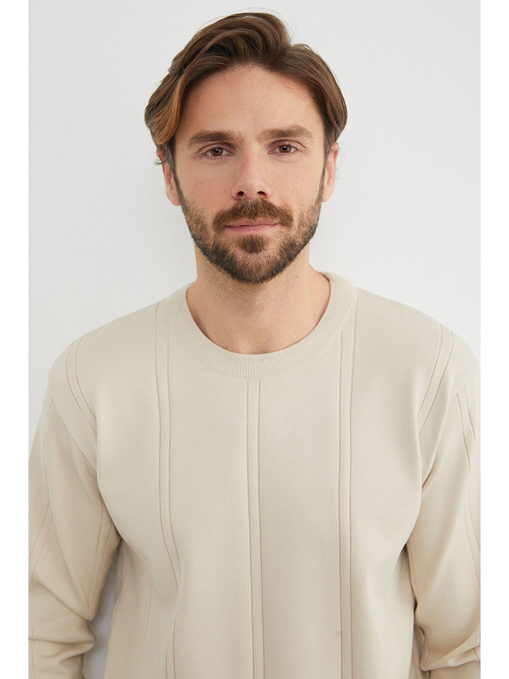 Bej Şeritli Bisiklet Yaka Triko Kazak-4